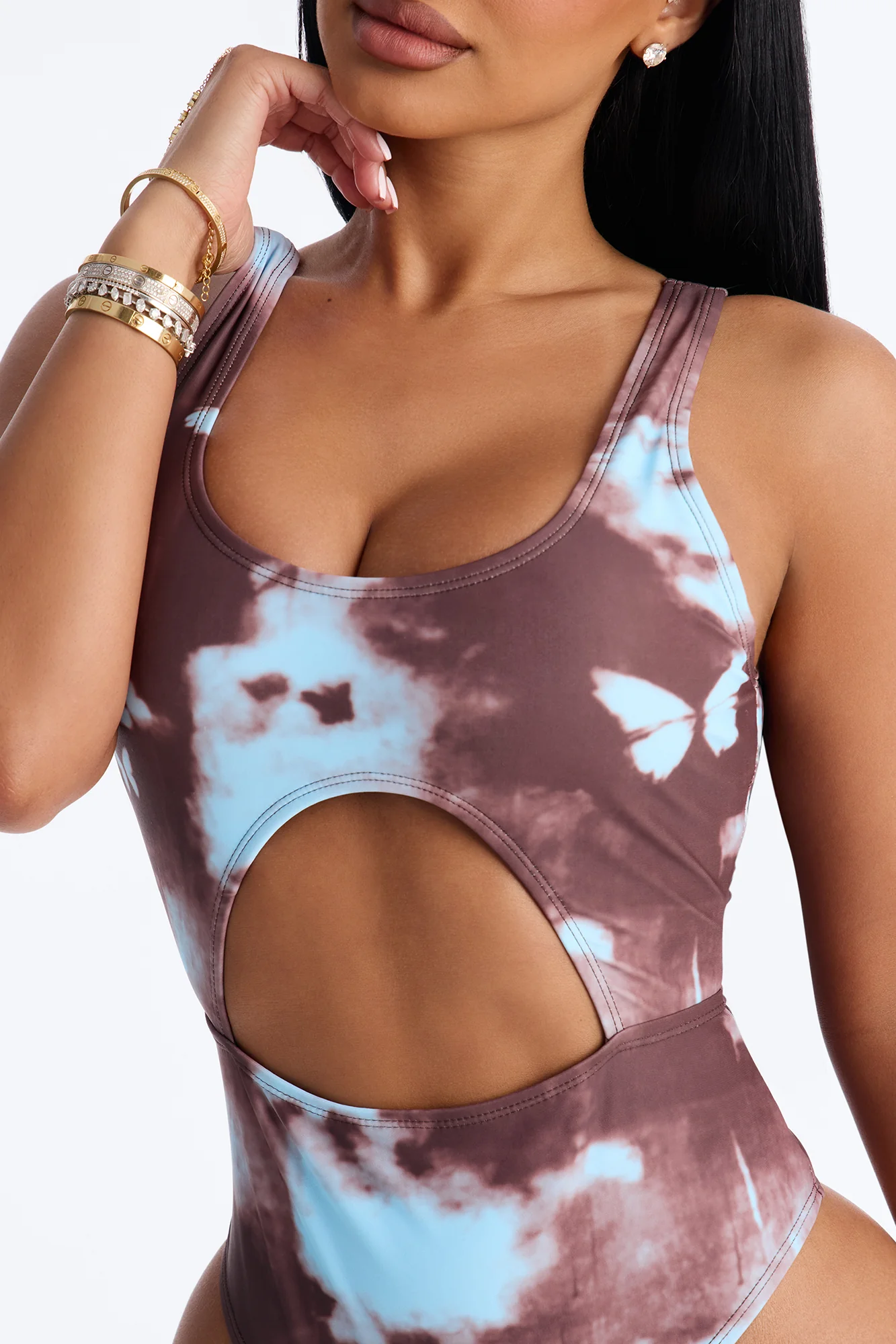 Monarch Wave Stretch 1 Piece Butterfly Tie Dye Front Cut Out Swimsuit With Sarong - Brown/combo