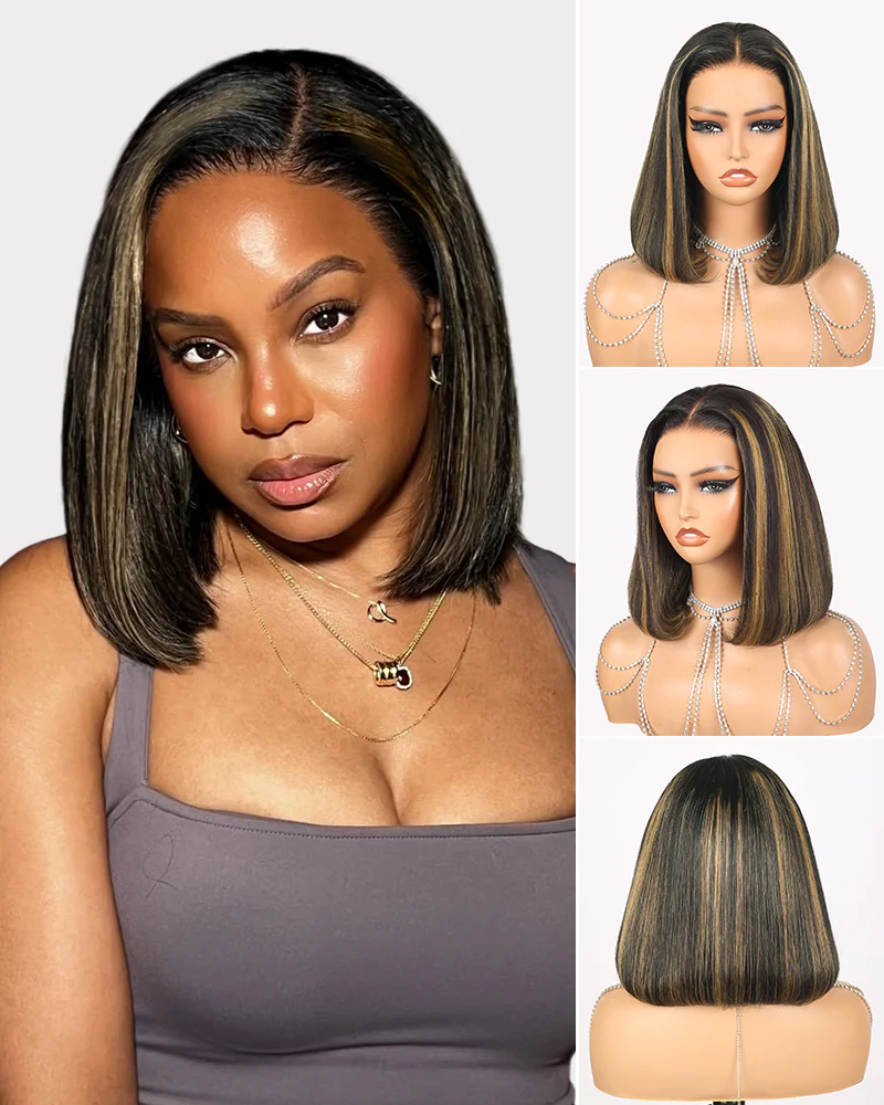 Ophirawig 6x5 Invisible Knots & 13x4 Frontal Lace Balayage Highlight Straight Bob Colored Wig Pre-cut Lace Beginner Friendly