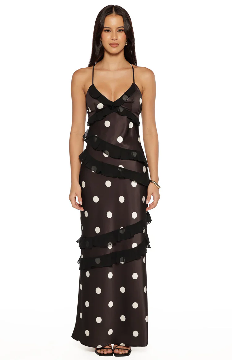 Inara Black Polka Dot Ruffle Maxi Dress