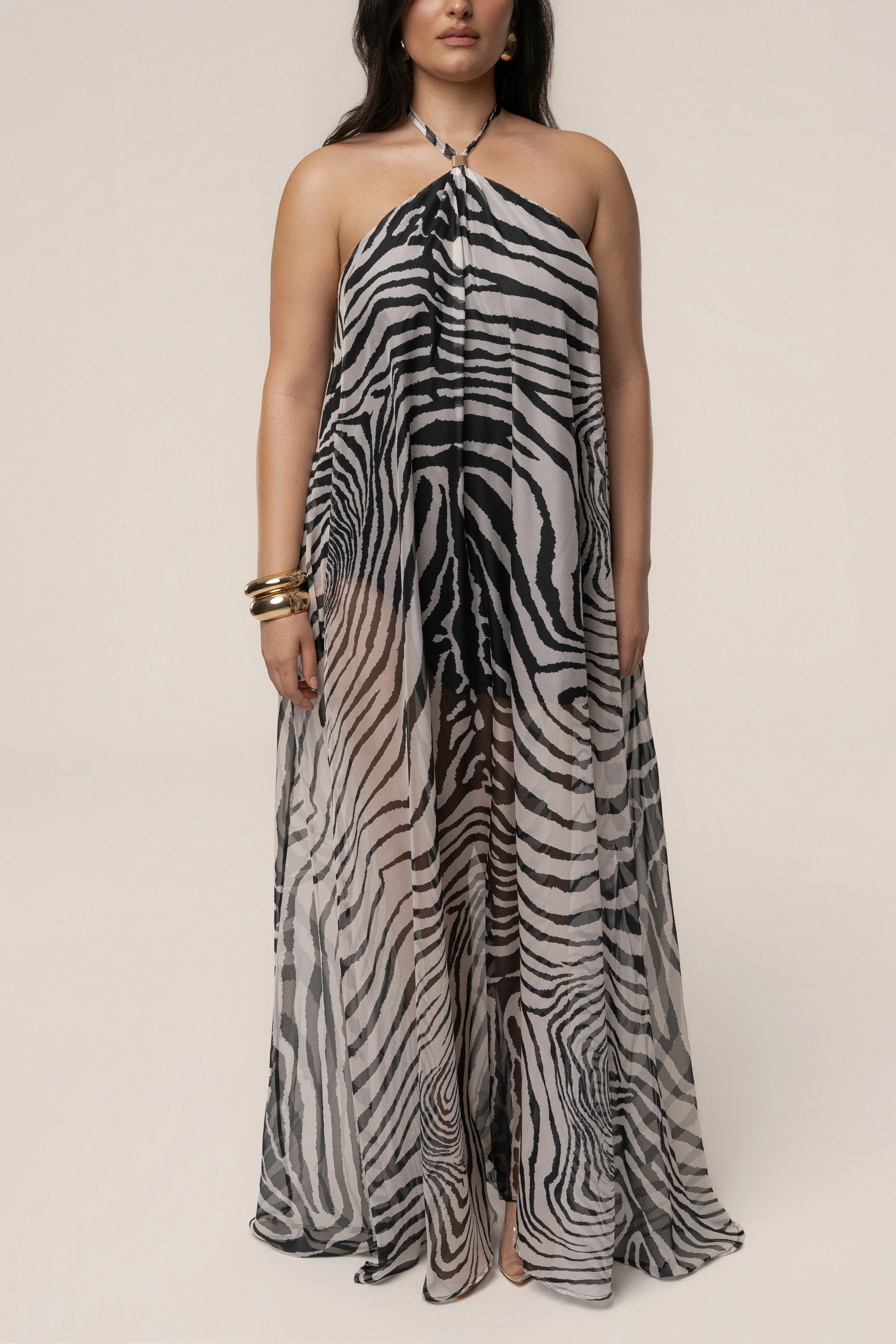 Zebra Print Jolene Halter Neck Maxi Dress