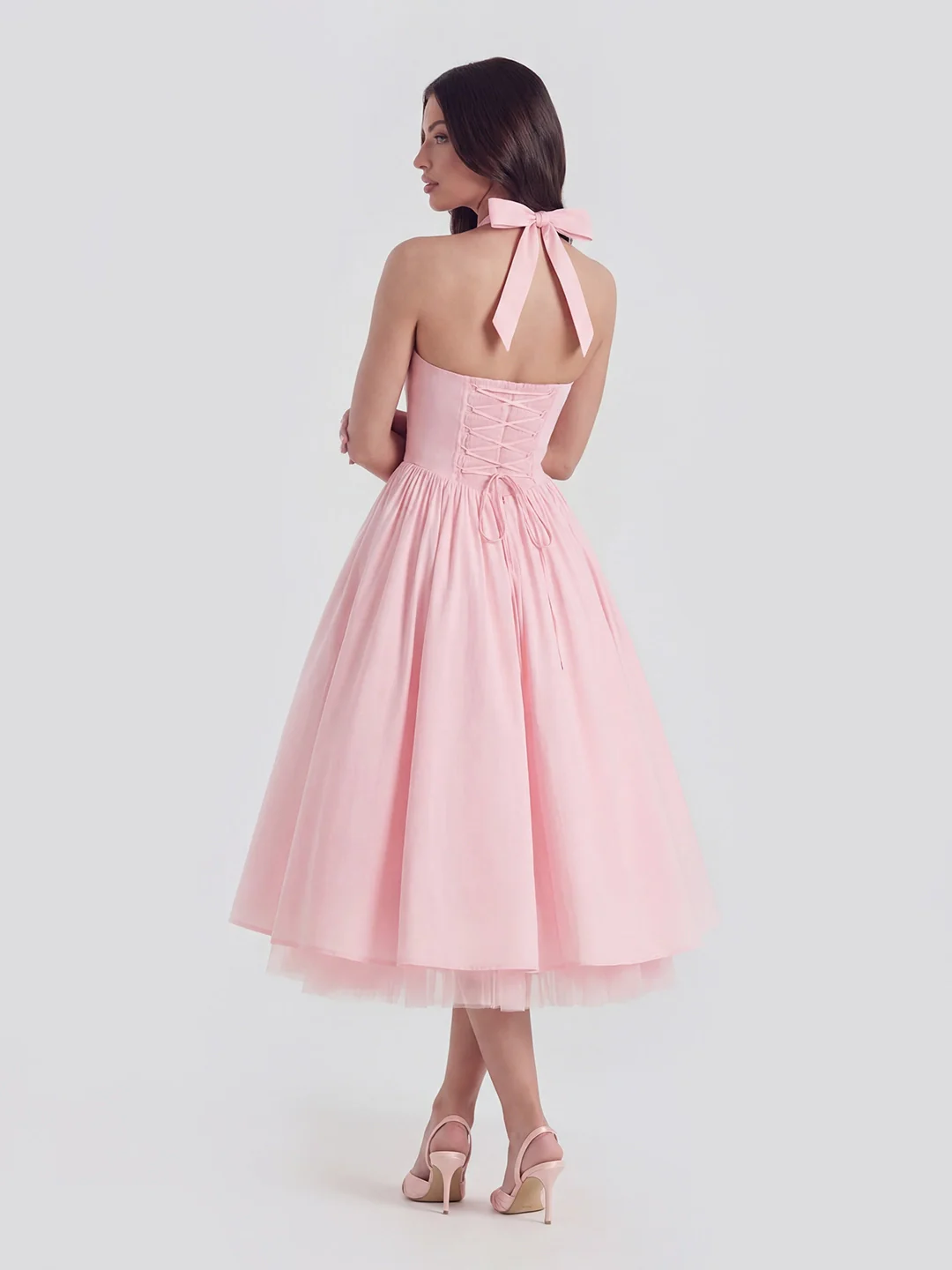 Lace-Up Halter Midi with Exposed Tulle Hem