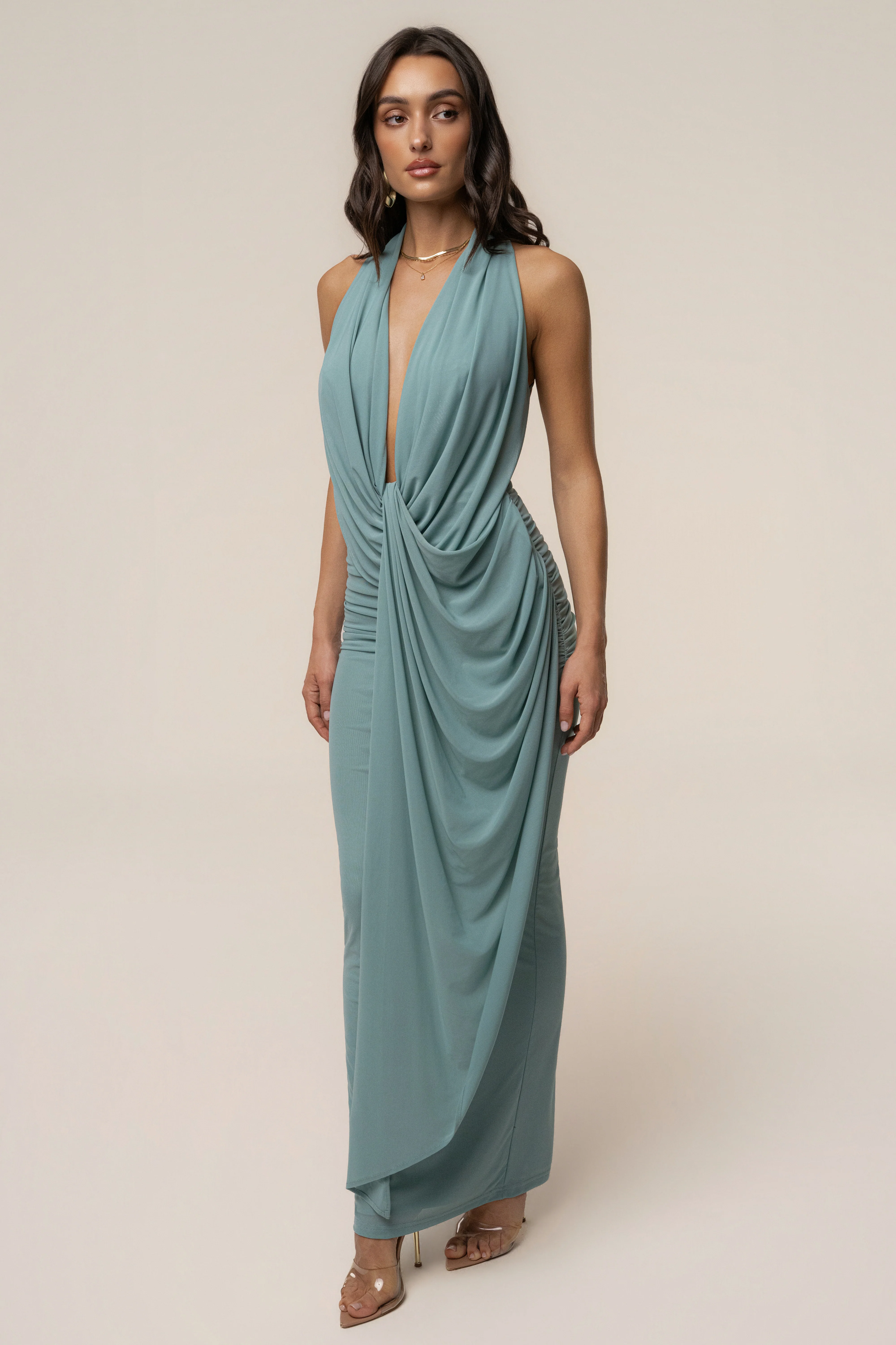Teal Alaina Plunge Maxi Dress