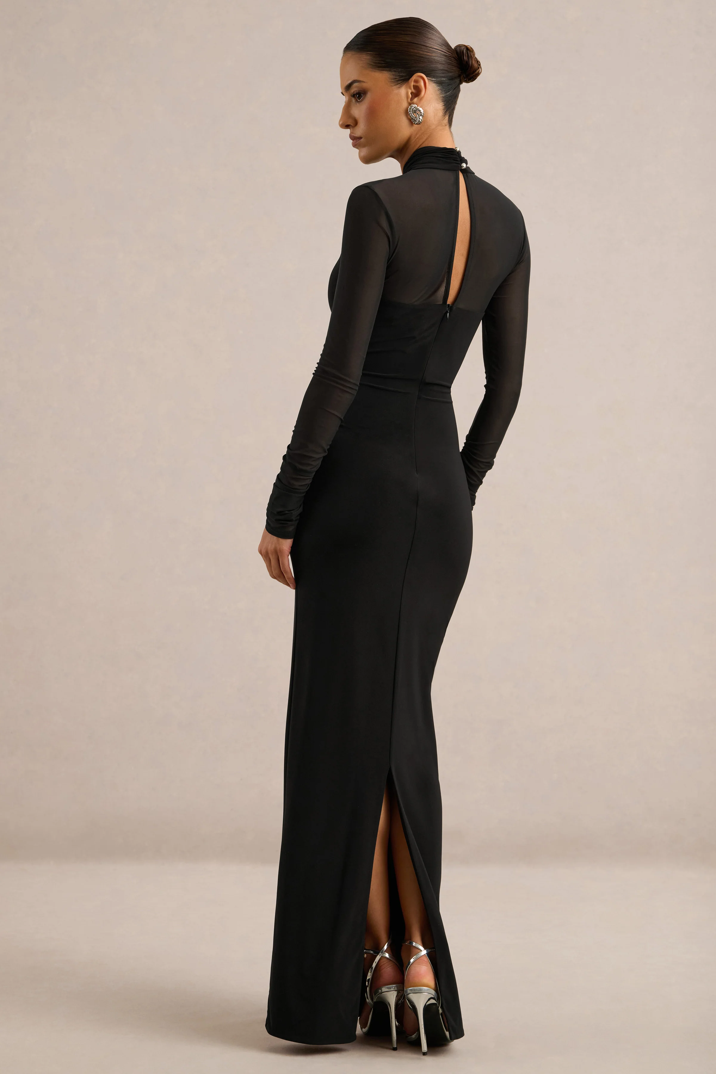 Fiorella | Black Jersey Wrap High Neck Maxi Dress With Mesh Sleeves