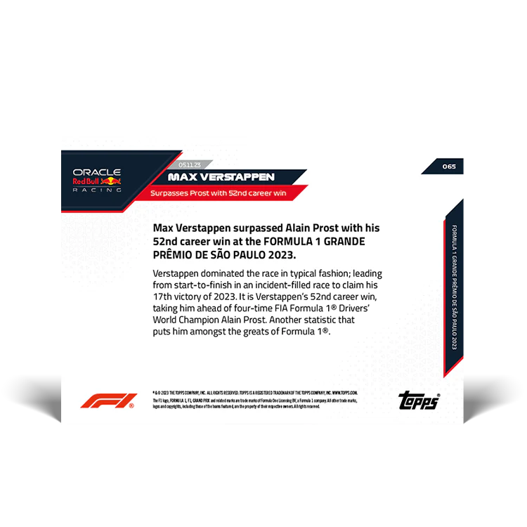 Topps UK - Max Verstappen - Surpasses Prost with 52nd career win - F1 TOPPS NOW® Card #65