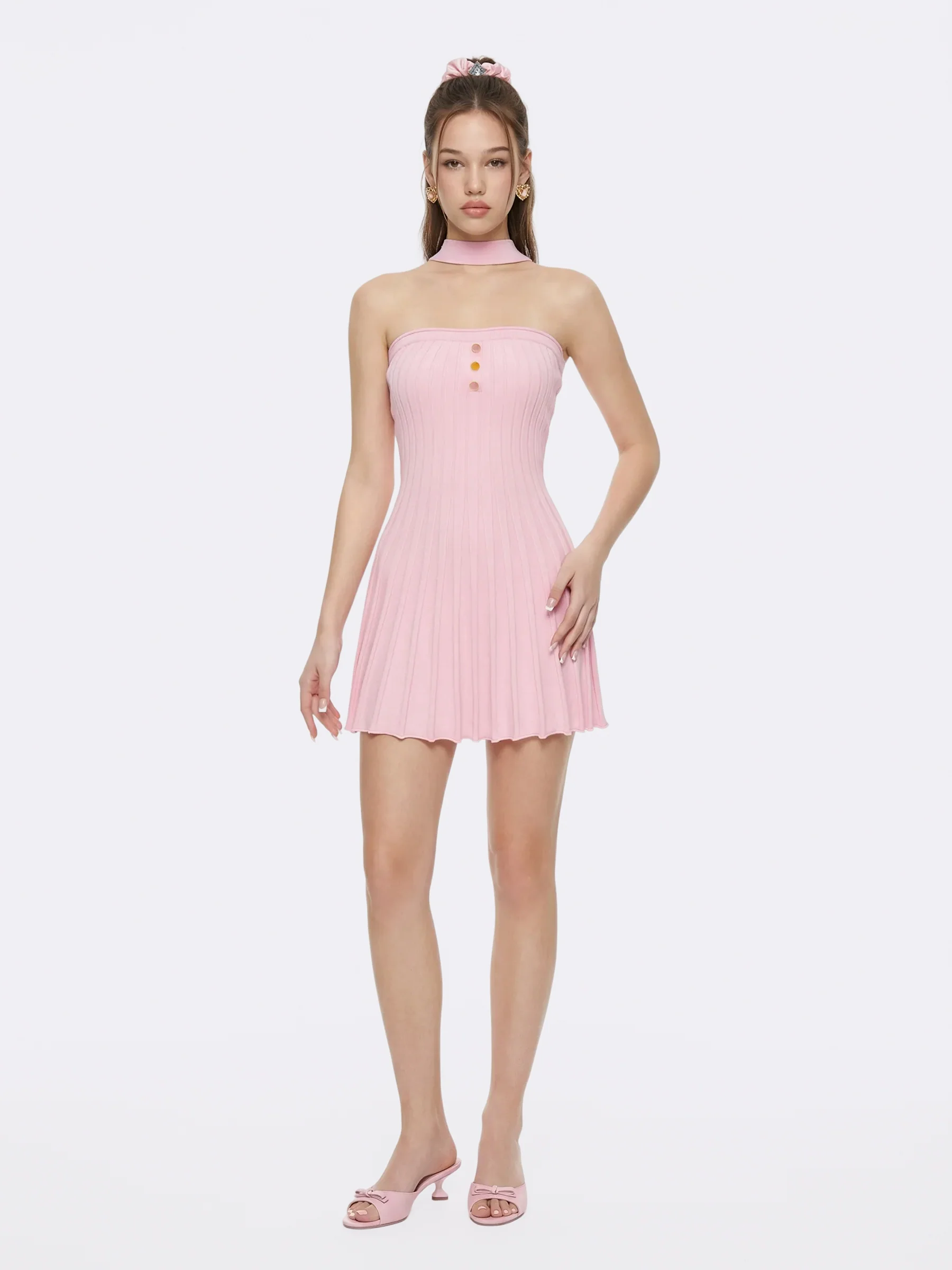 Ava Reverse Halter Pink Knit Flared Dress