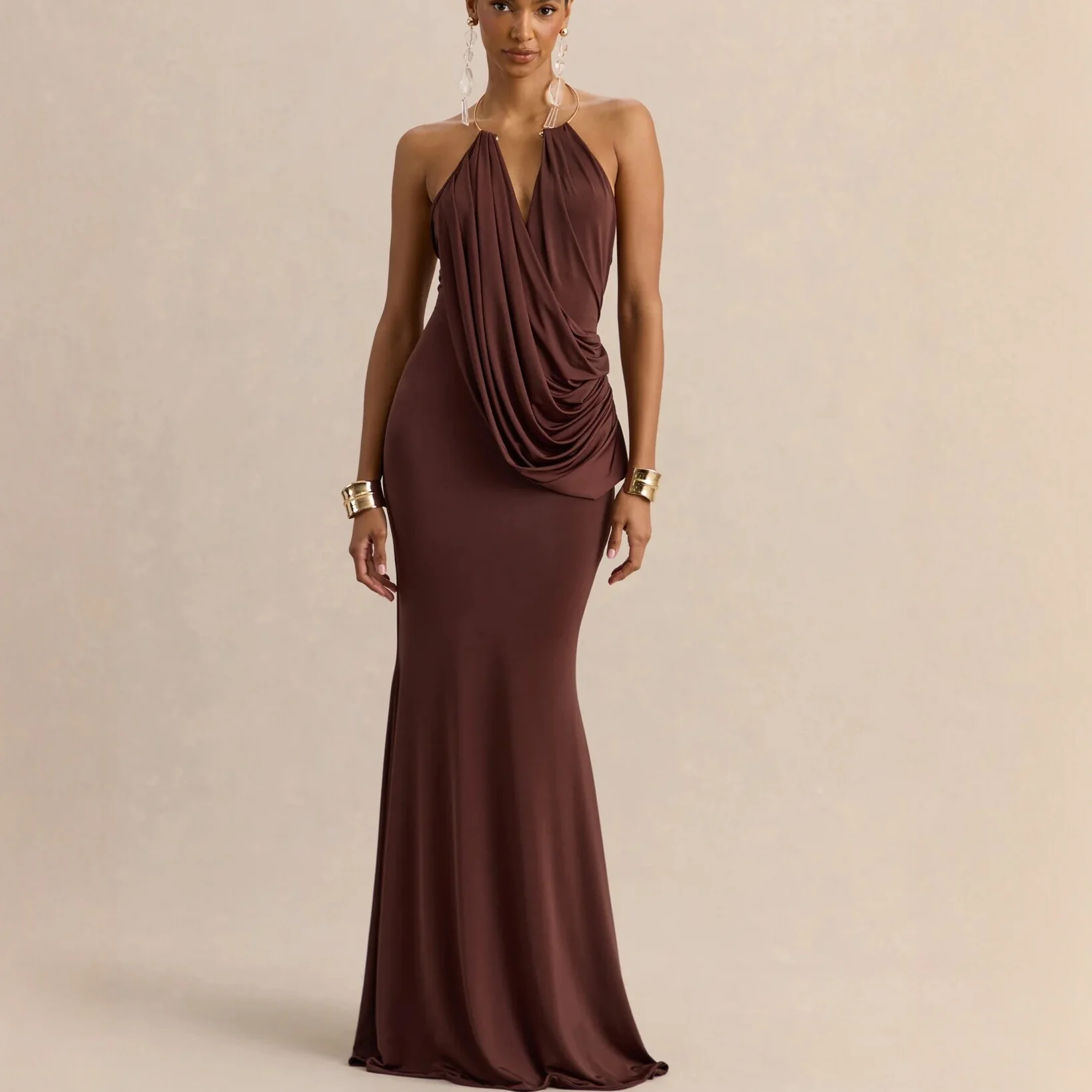Ruffle Cowl Neck Bodycon Maxi Dress