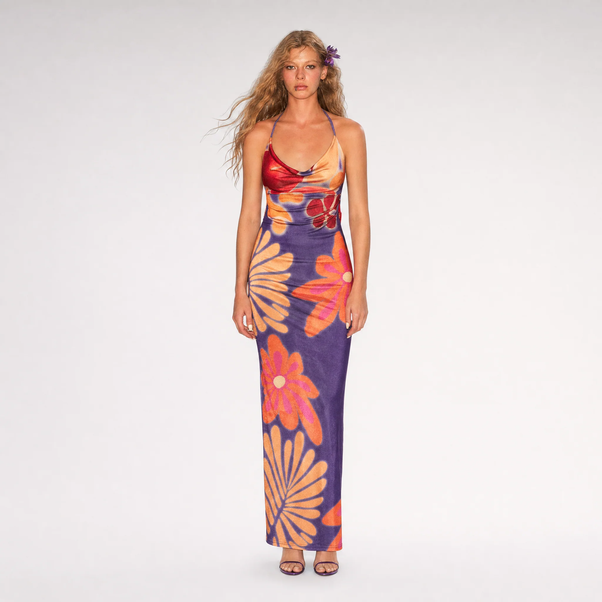 Floral Cowl Backless Dress