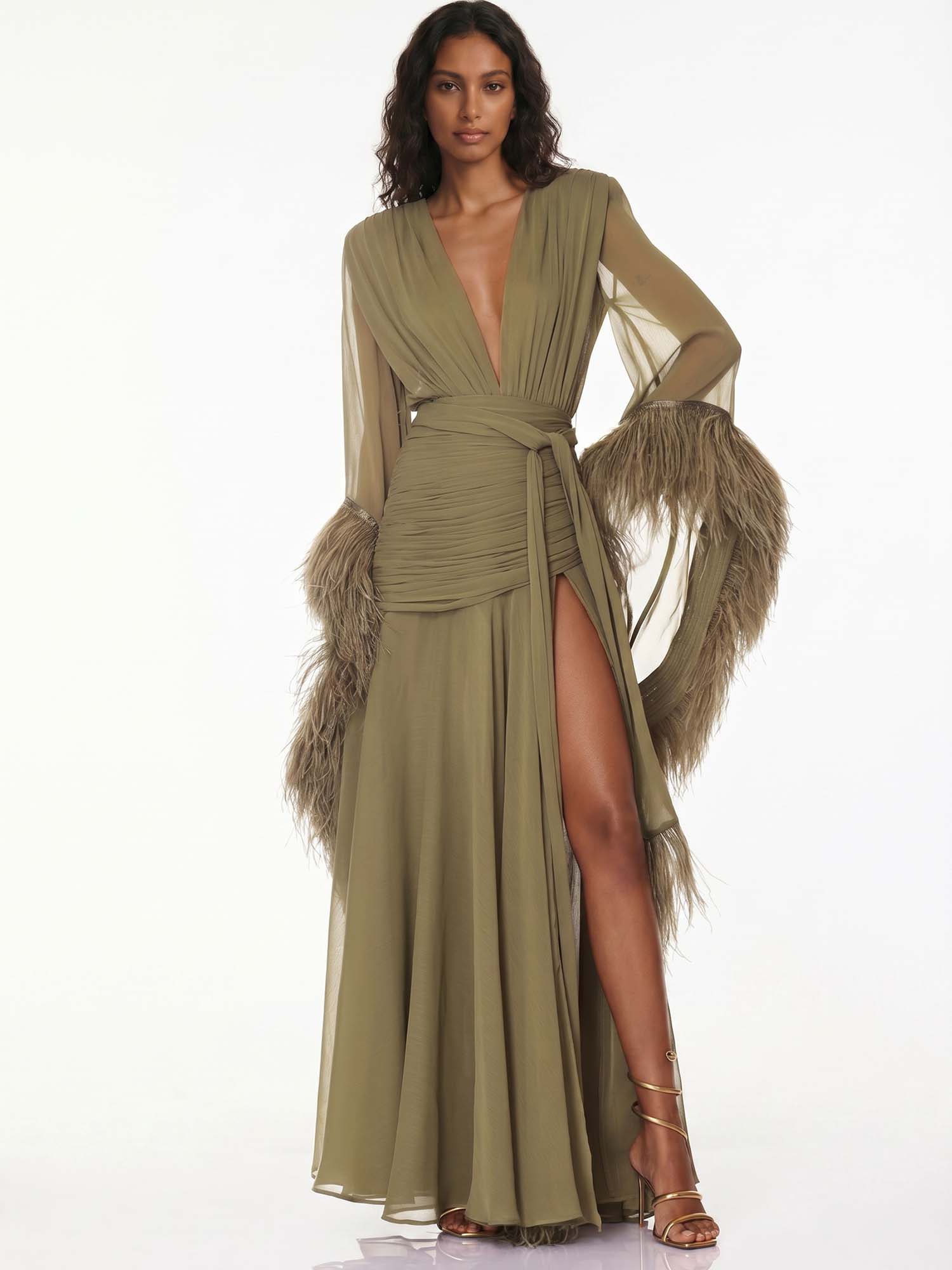 Olive Feather Reverie Maxi Dress