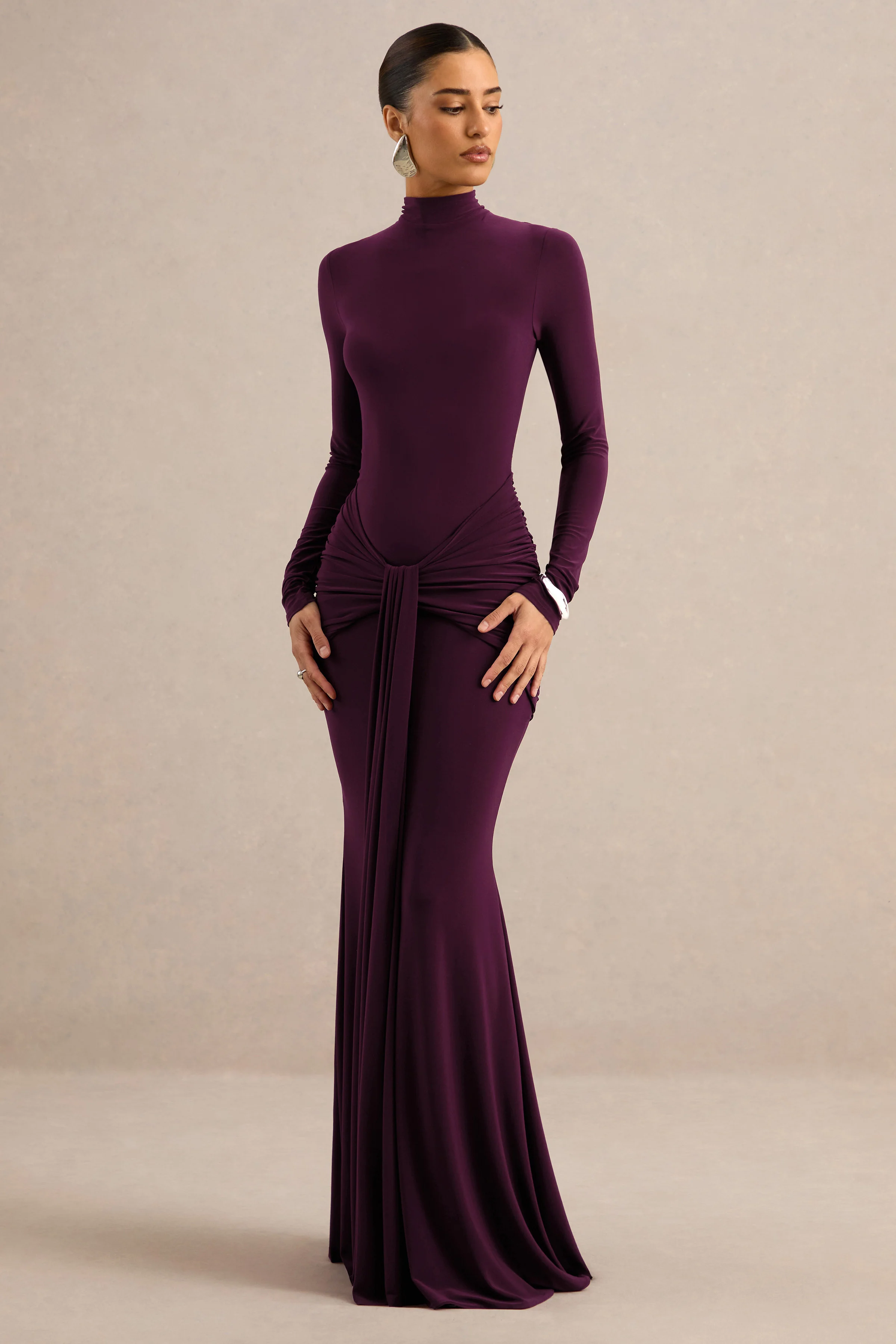 Seraphita | Purple Jersey High Neck Long Sleeve Maxi Dress With Gathered Detailing And Sash