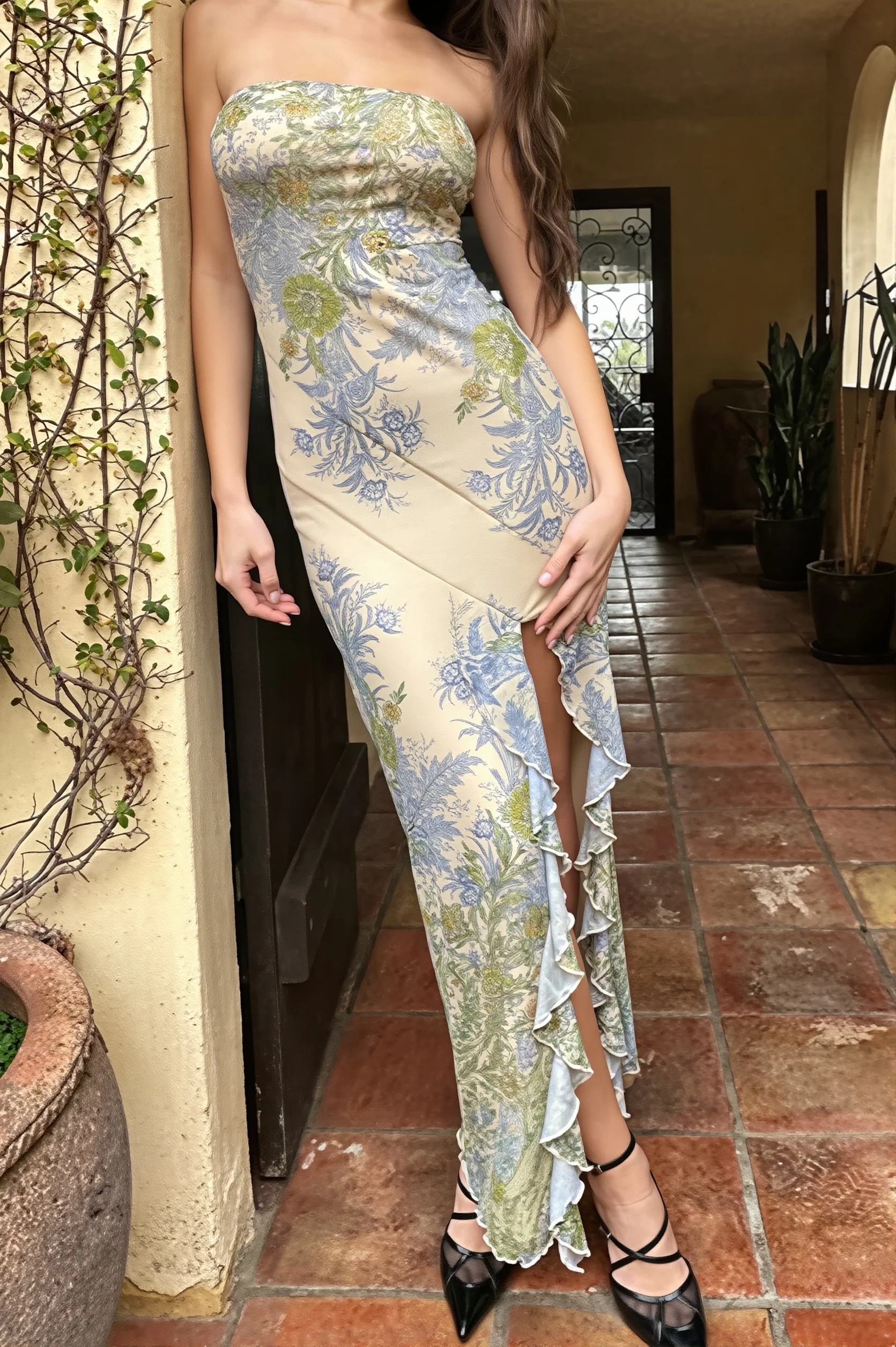Mesh Print Split Bodycon Maxi dress