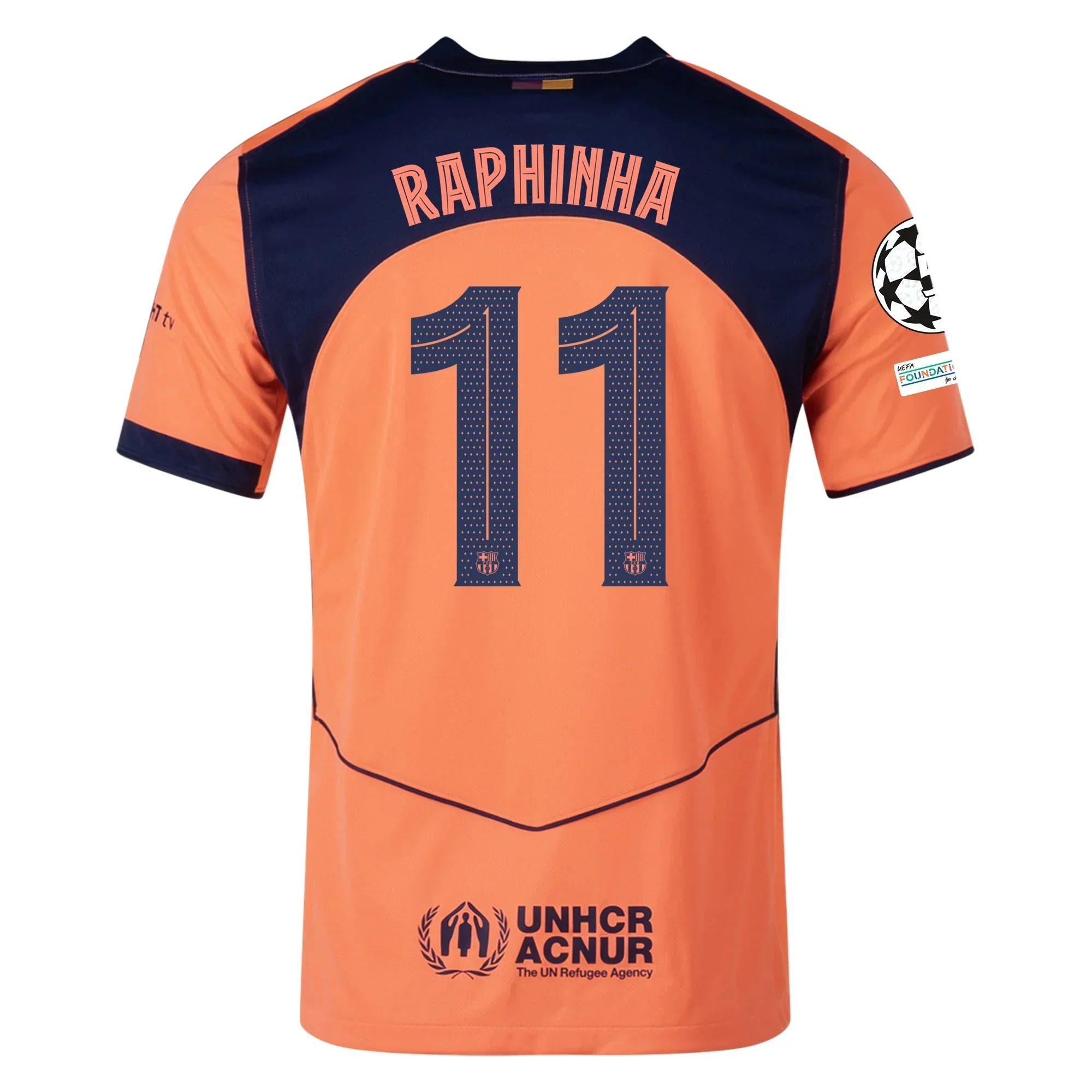 Raphinha Men's FC Barcelona T90 Third Jersey 25/26 w/ Champions League Patches (Mango/Navy)