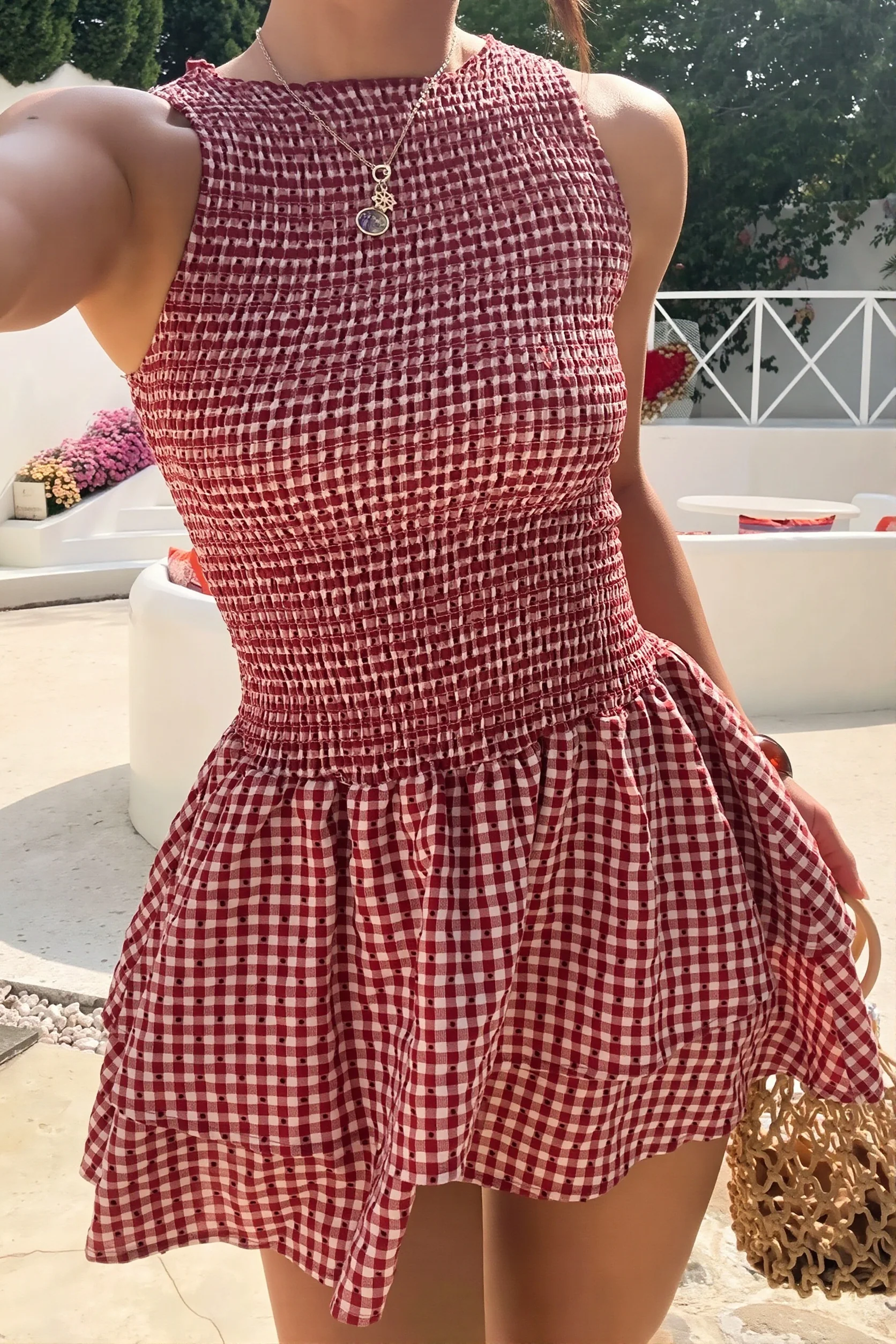 Plaid Smocked Sleeveless Flared Mini Dress
