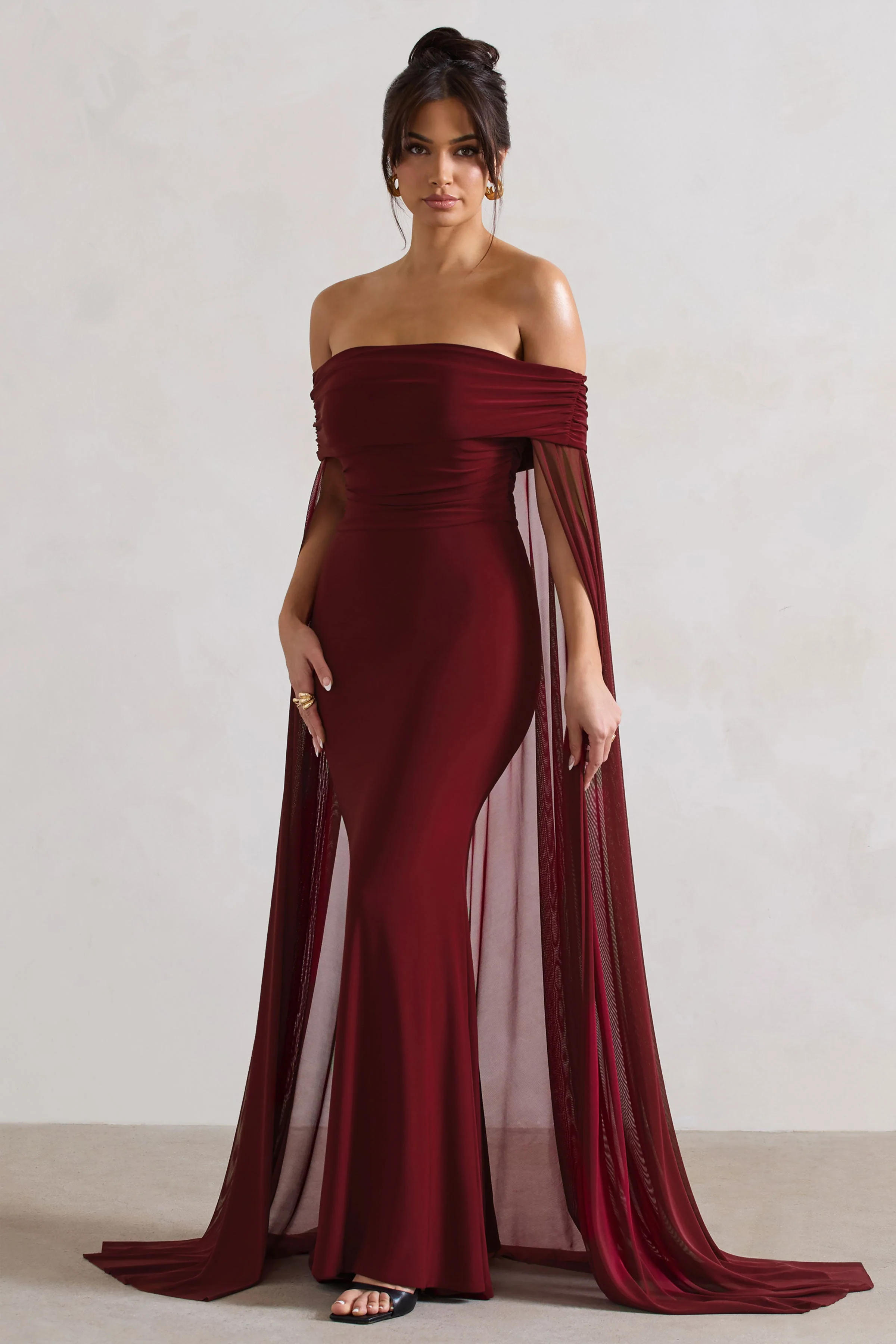 Carlotta | Berry Bardot Maxi Dress With Chiffon Cape