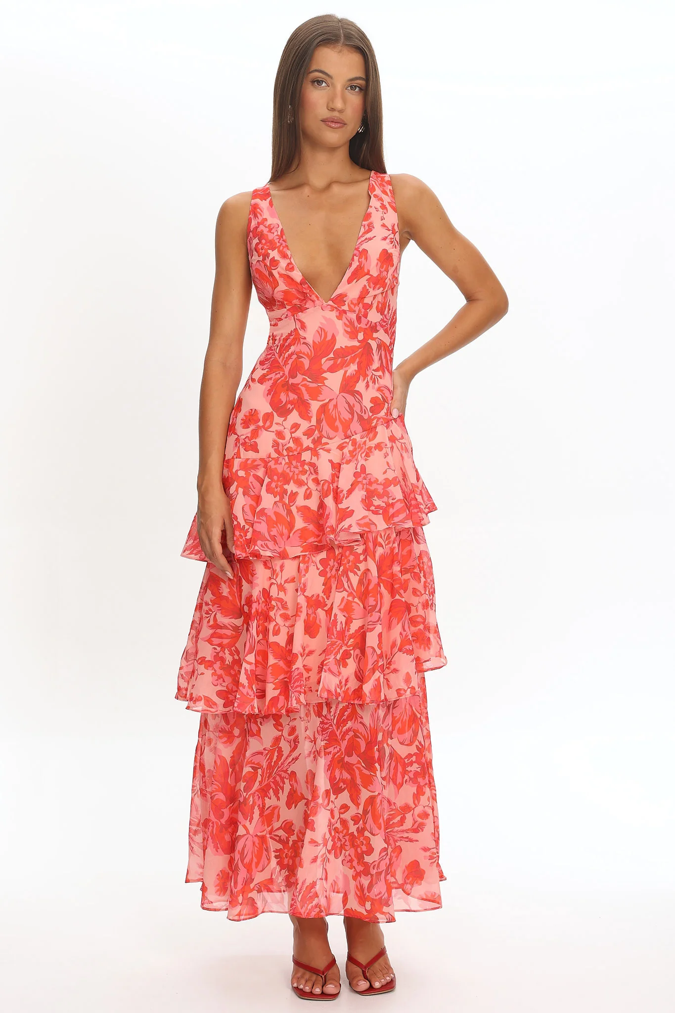 Veda Strappy Back Ruffle Midi Dress Floral Red