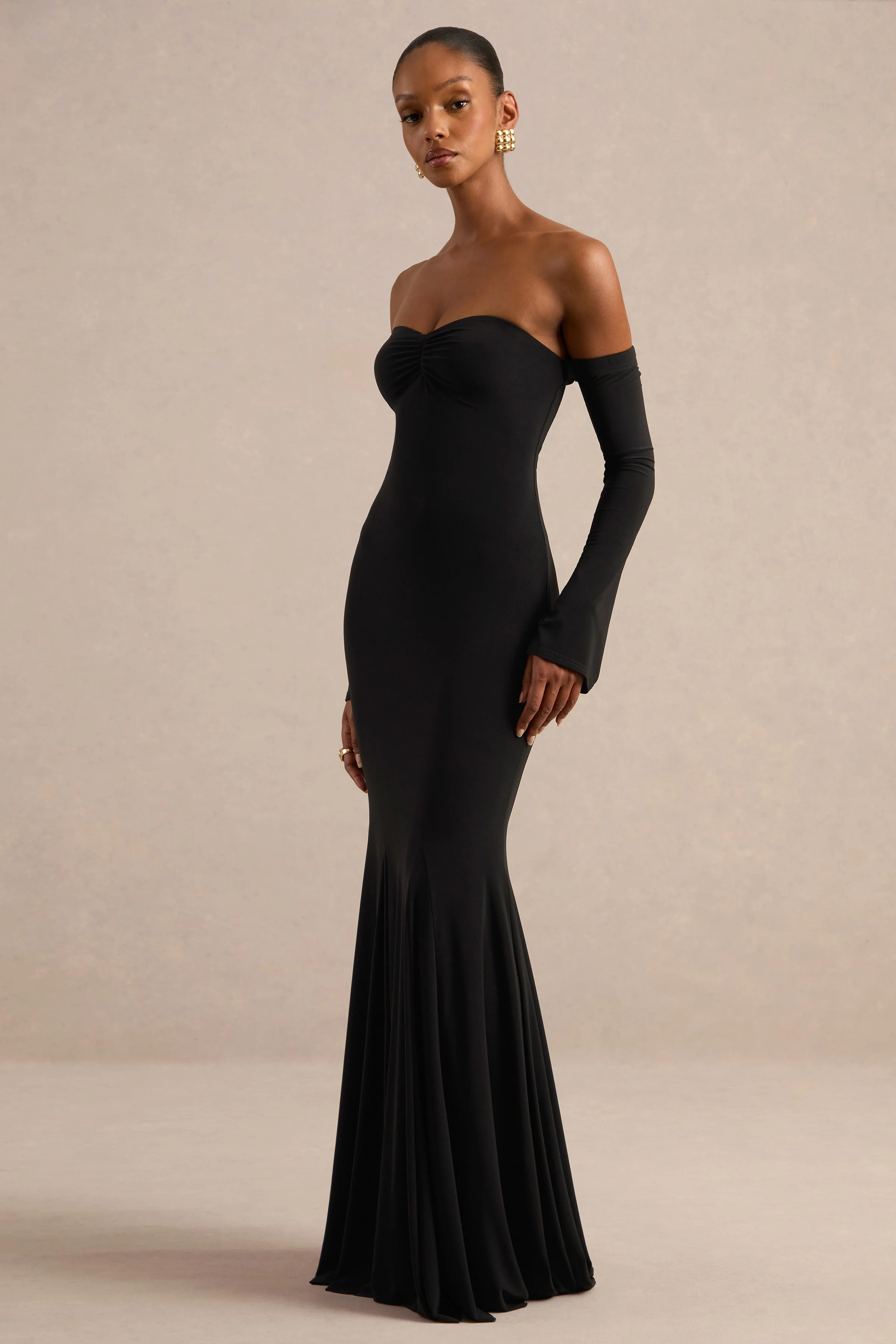 Gaelline | Black Jersey Bardot Long Sleeve Maxi Dress