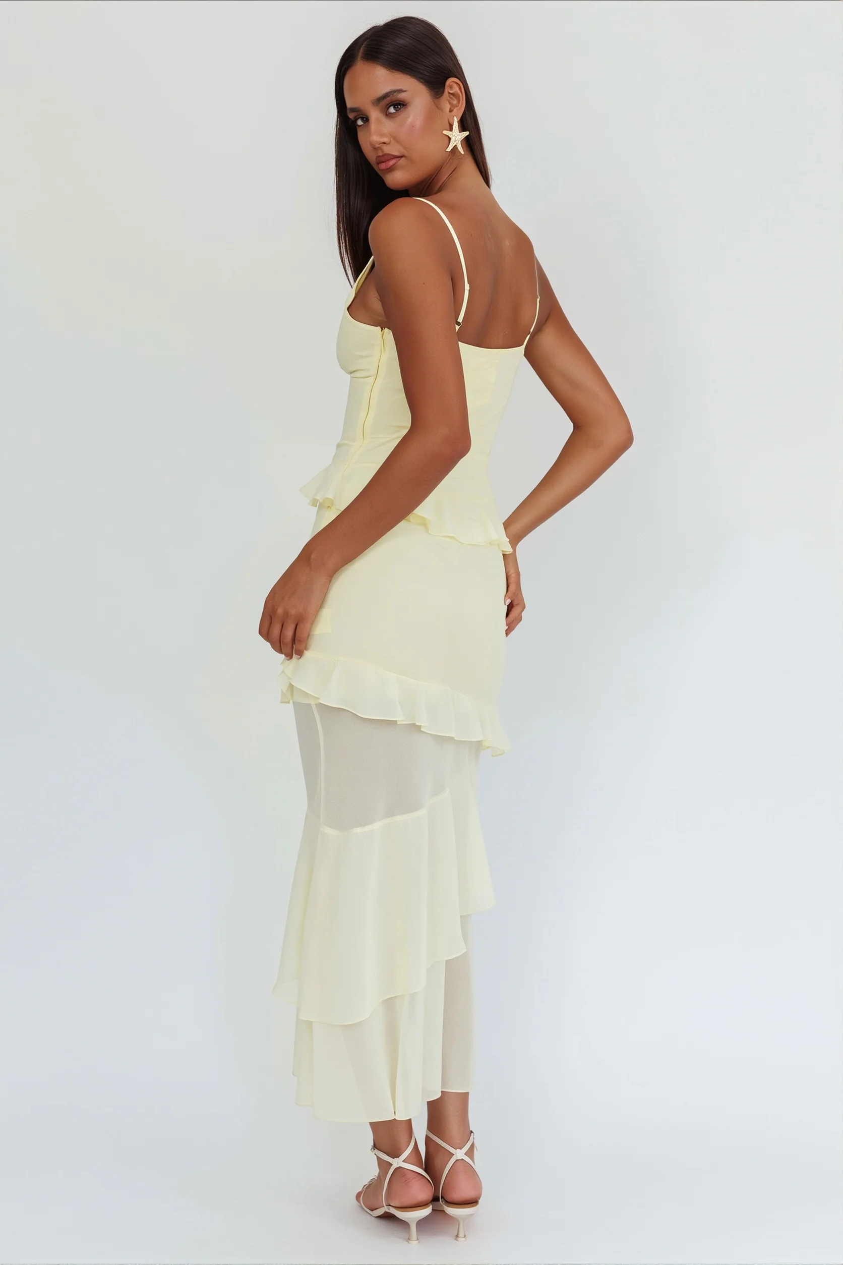 Flowy Solid Ruffle Slim Cami Maxi Dress