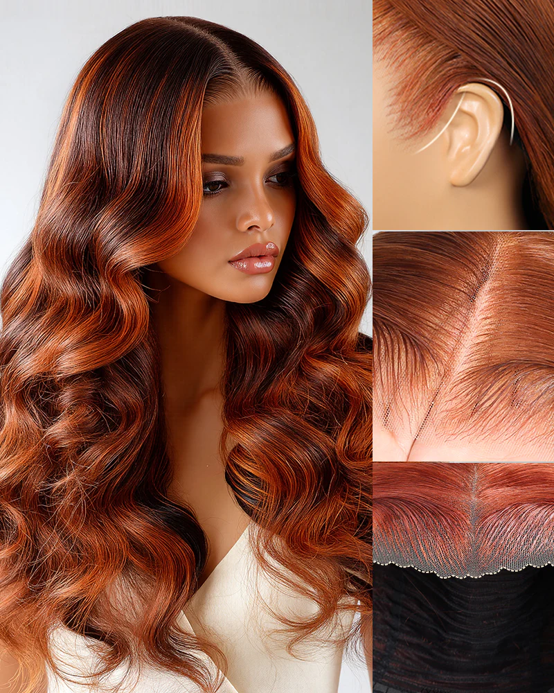 Ophirawig 13x6 Three-Go? Auburn Highlights Brown Hair Glueless Wig Loose Body Wave With Drawstring