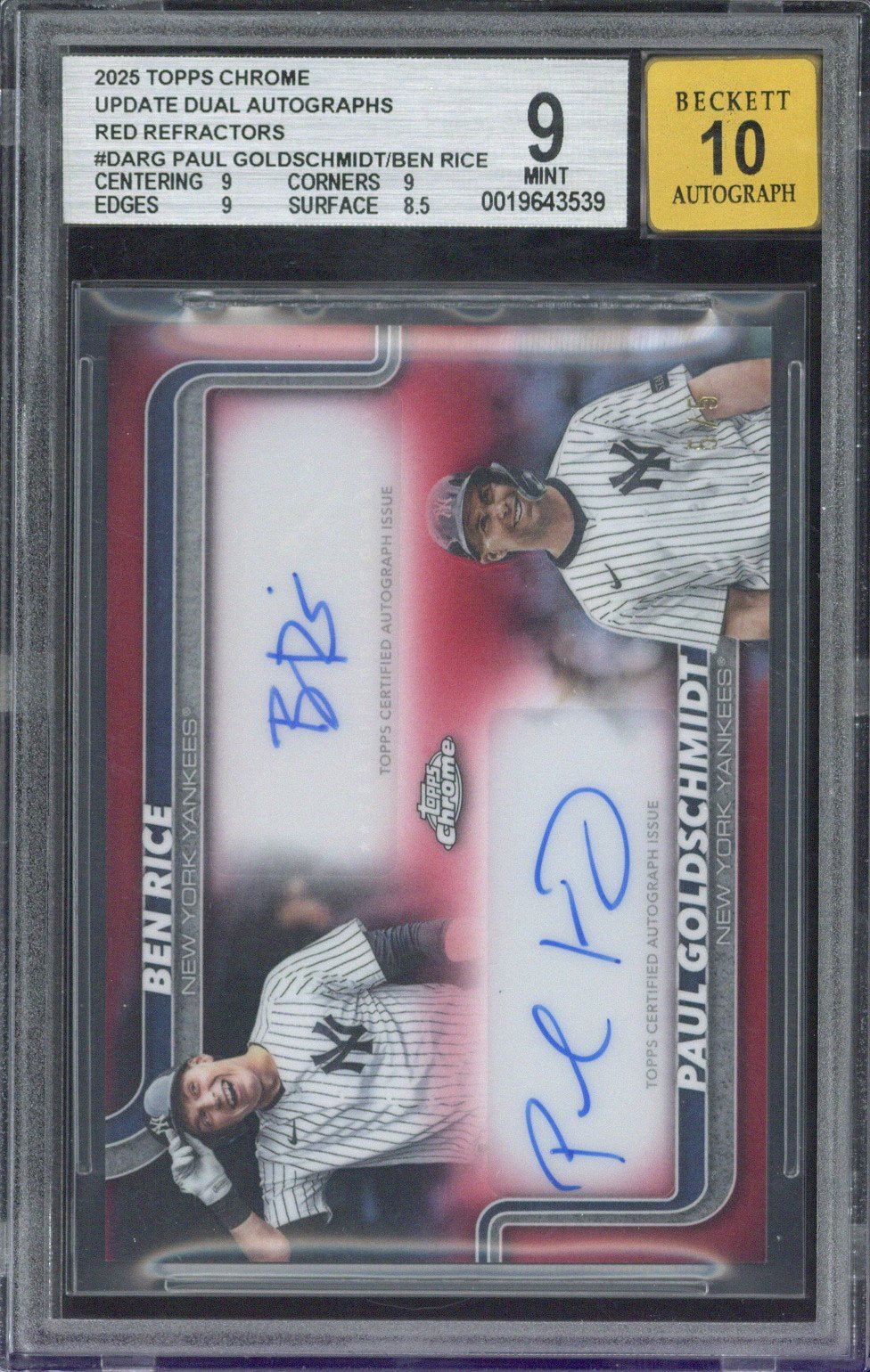 2025 Topps Chrome Updates Baseball Ben Rice / Paul Goldschmidt Dual Autograph /5 BGS 9 Auto 10