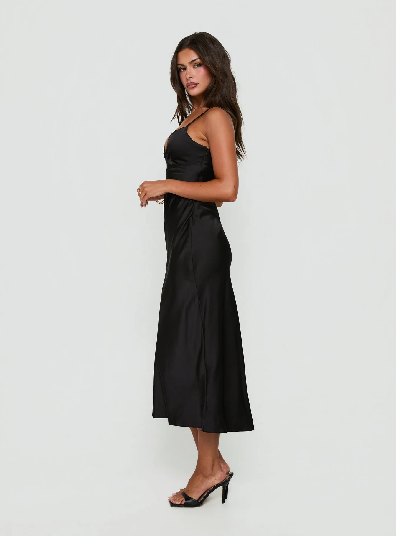 Declanna Satin Lace Trim Slip Midi Dress Black