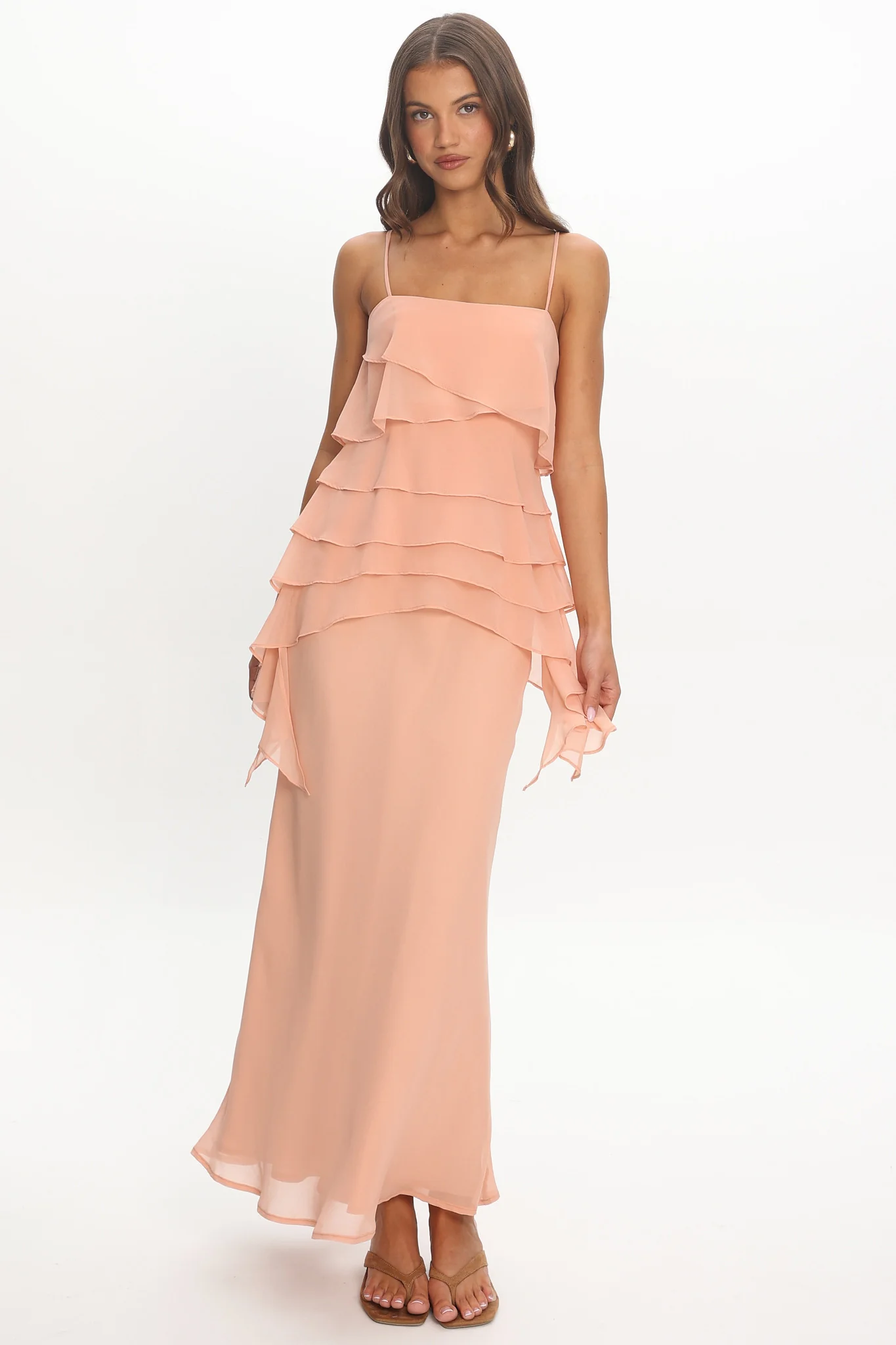 Olita Tiered Ruffle Slip Maxi Dress Apricot