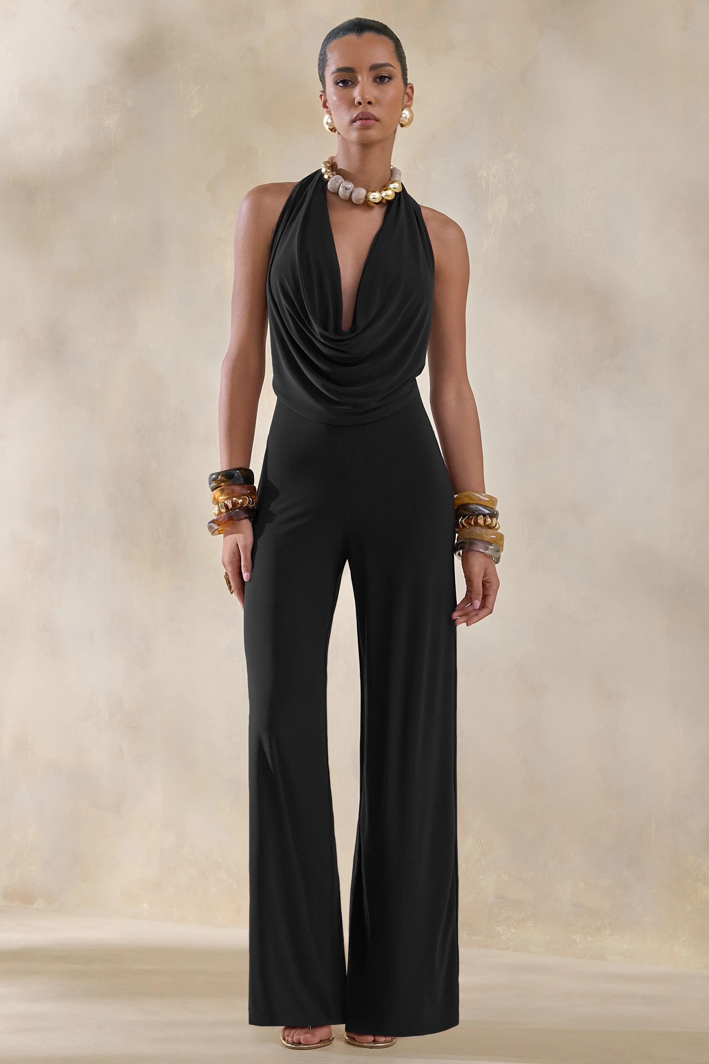 Clemence | Black Plunge-Neck Jumpsuit