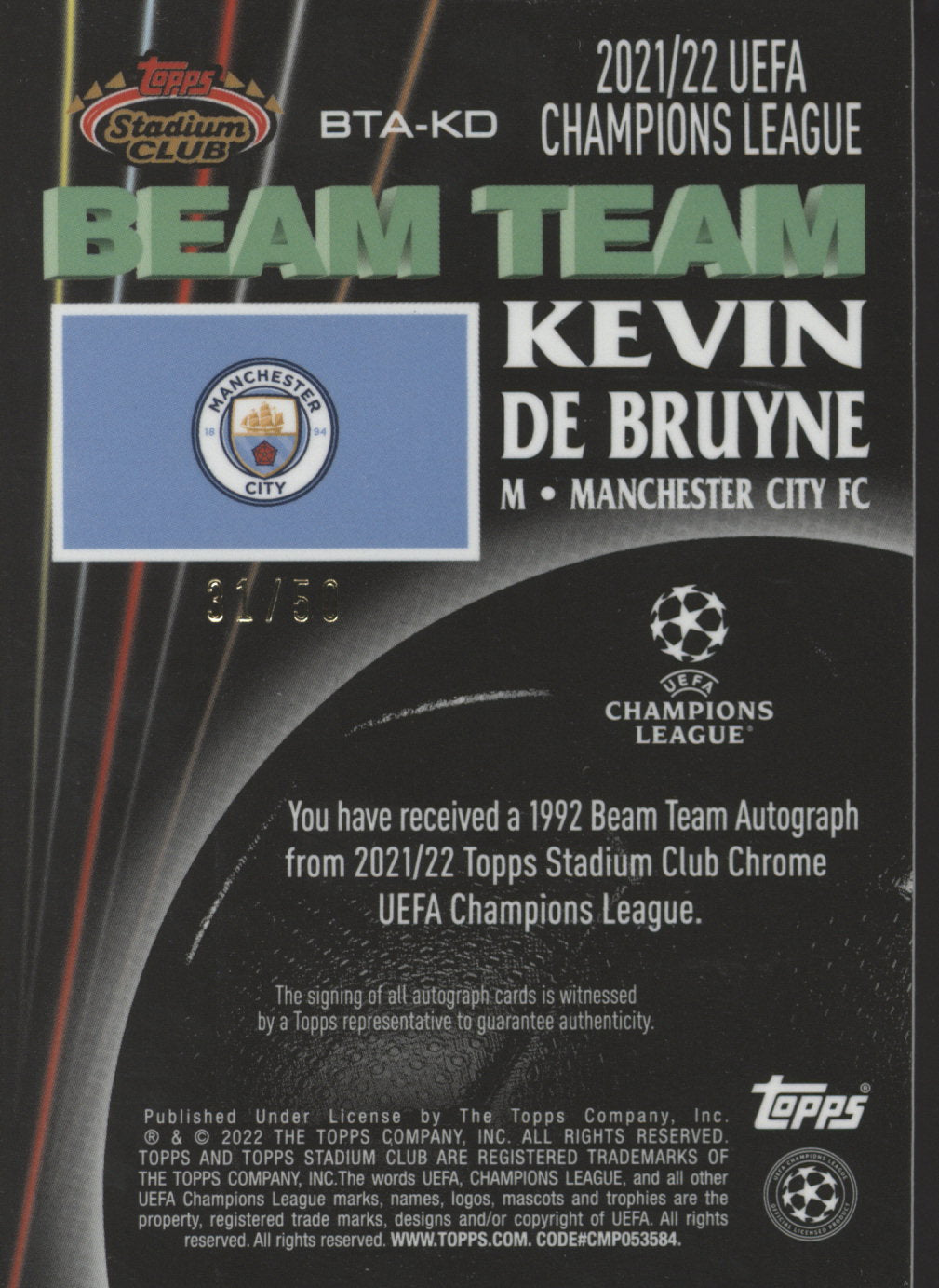 2022 Stadium Club Kevin De Bruyne Beam Team Gold Auto #31/50 #BTA-KD