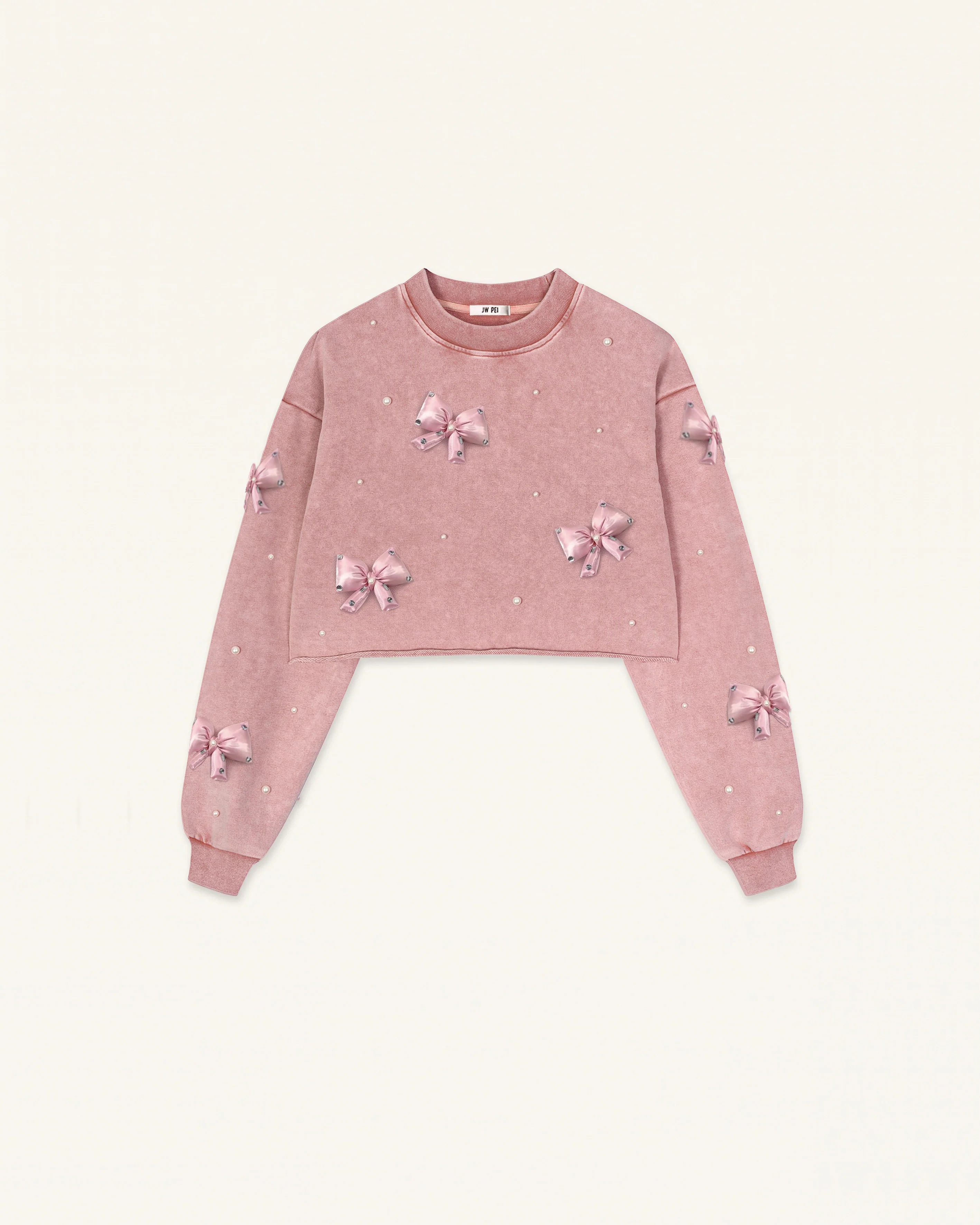Coquette 3D Satin Bow Pearl Sweatshirt - Vintage Pink