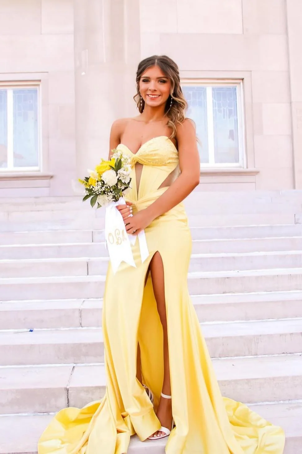 Strapless Yellow Beaded Long Dress with Slit