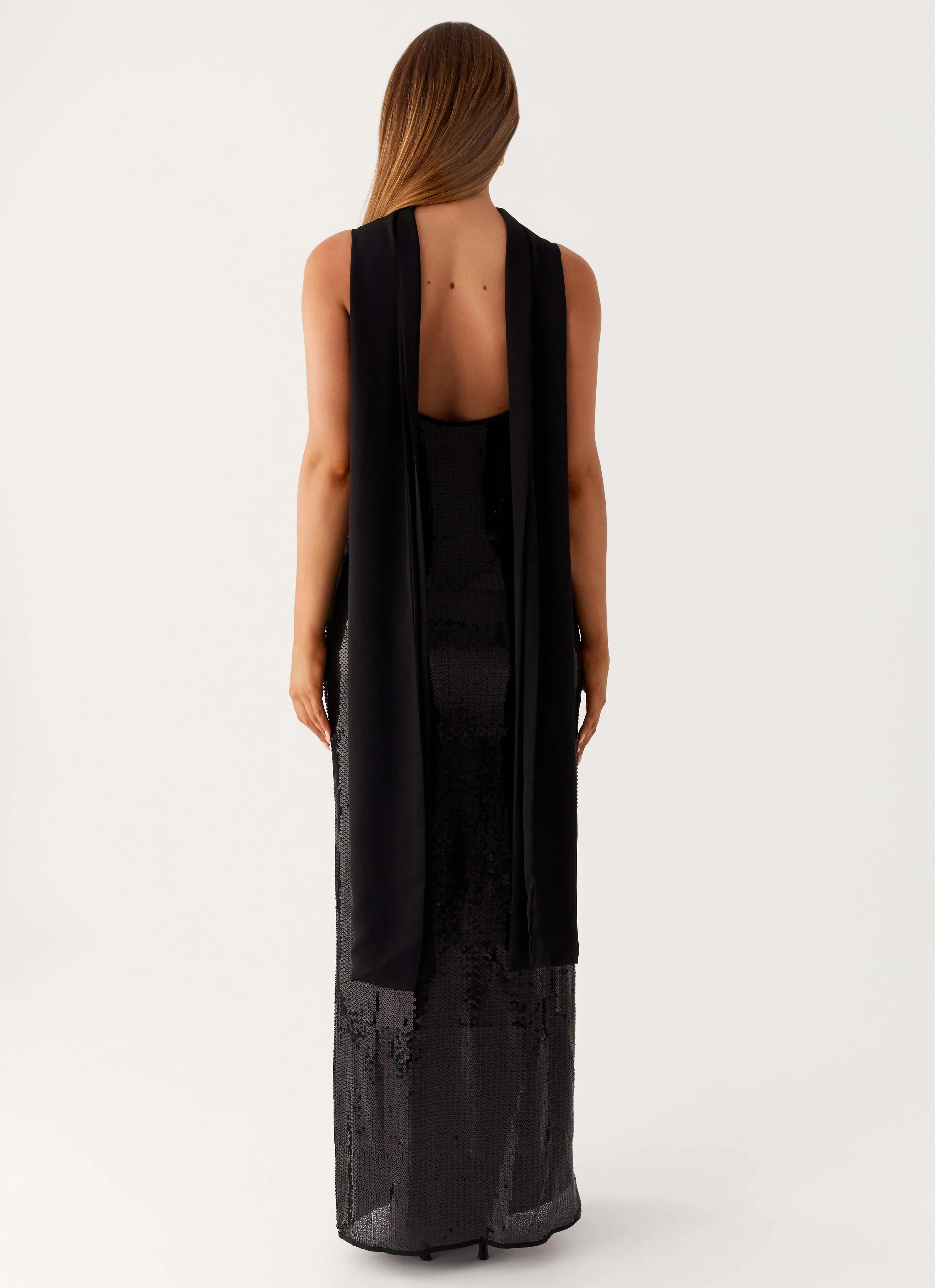 Scarf Neck Sequins Maxi Dress - Black