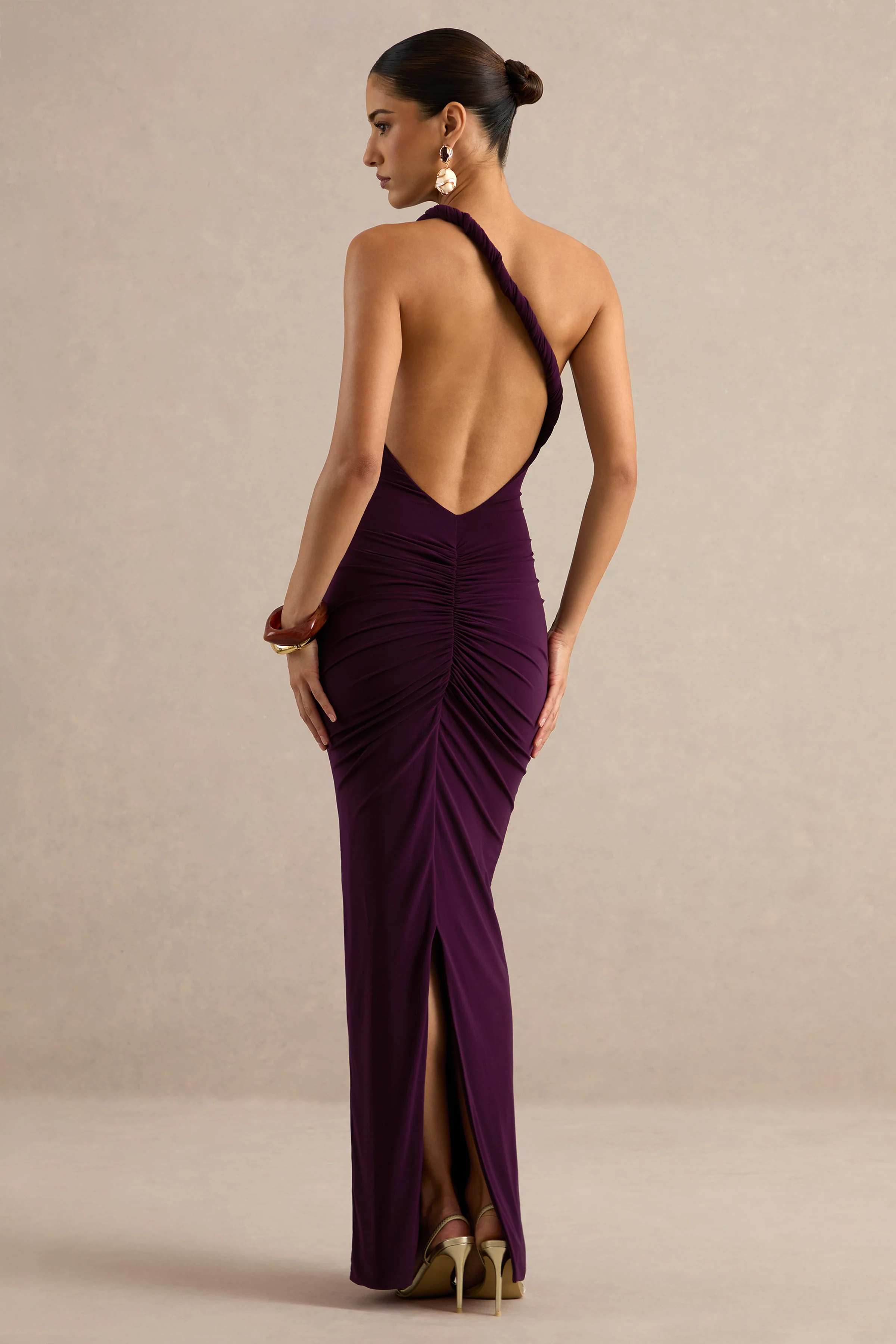 Indalie | Plum Jersey Ruched One Shoulder Maxi Dress With Twist Strap Detailing And Low Back