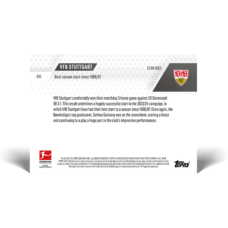 Topps UK - VfB Stuttgart - Best season start since 1996/97 - Bundesliga TOPPS NOW® Card #32