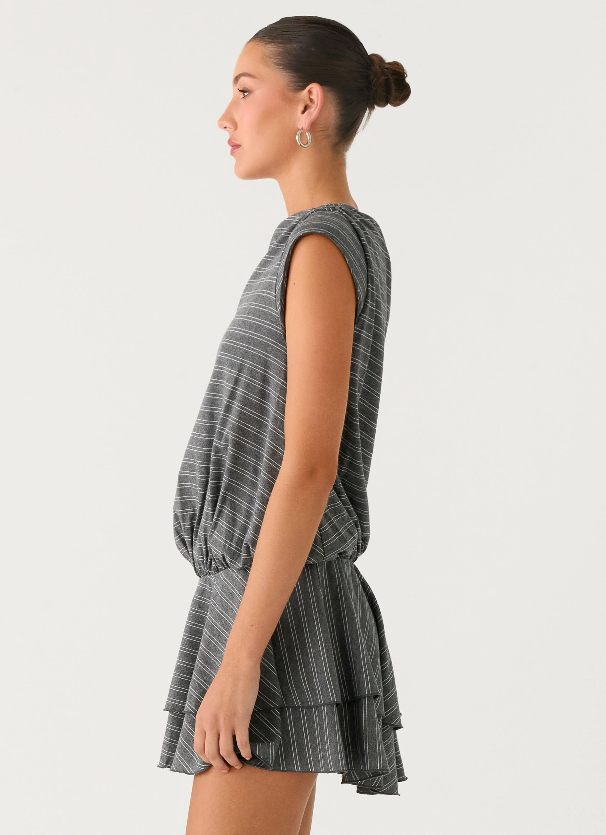 Bambola Wide Neck Mini Dress - Grey Marle Stripe