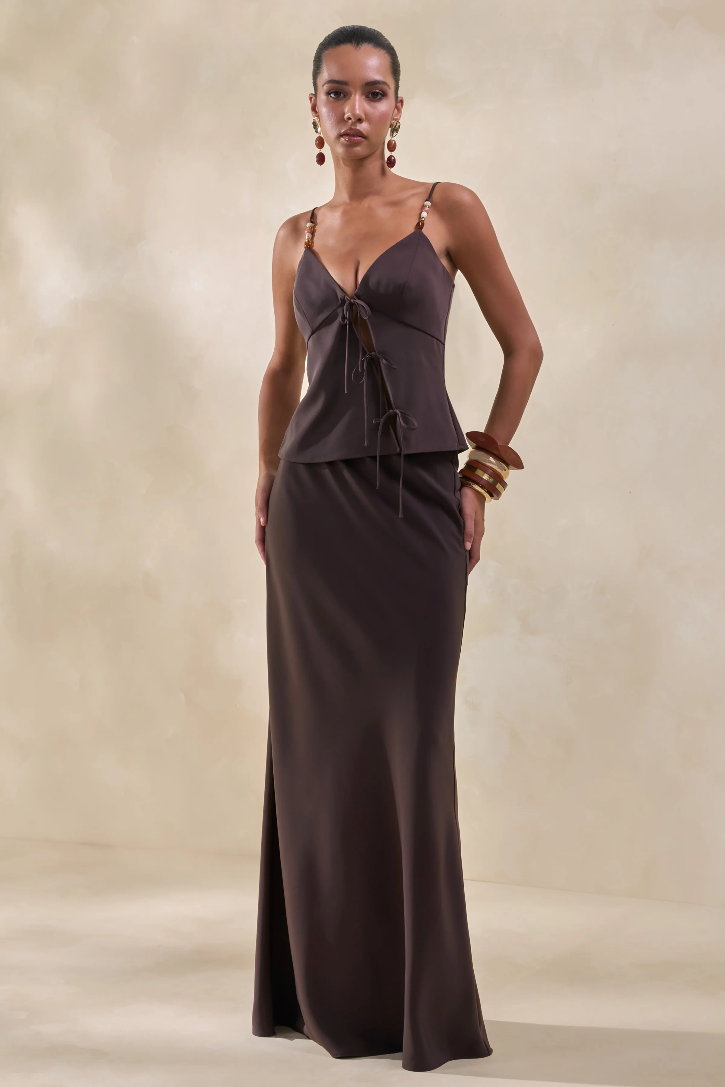 Sybella | Dark Brown Satin Maxi Skirt