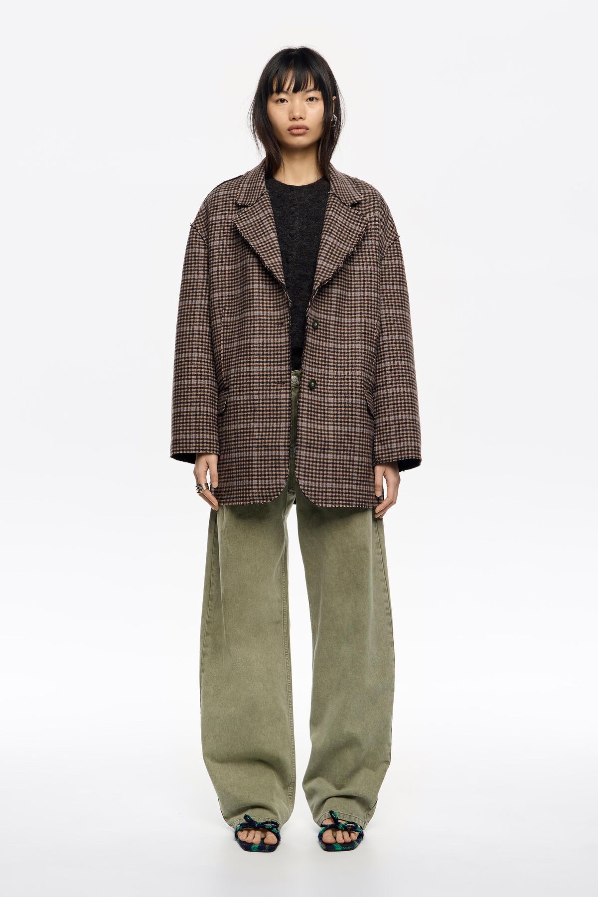 Brown checked double-face raw finish coat