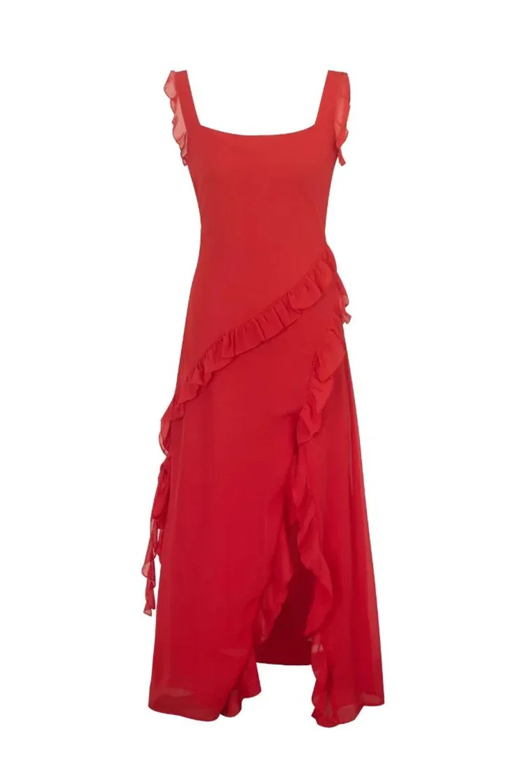 Square Collar Blue Ruffle Long Dress with Slit