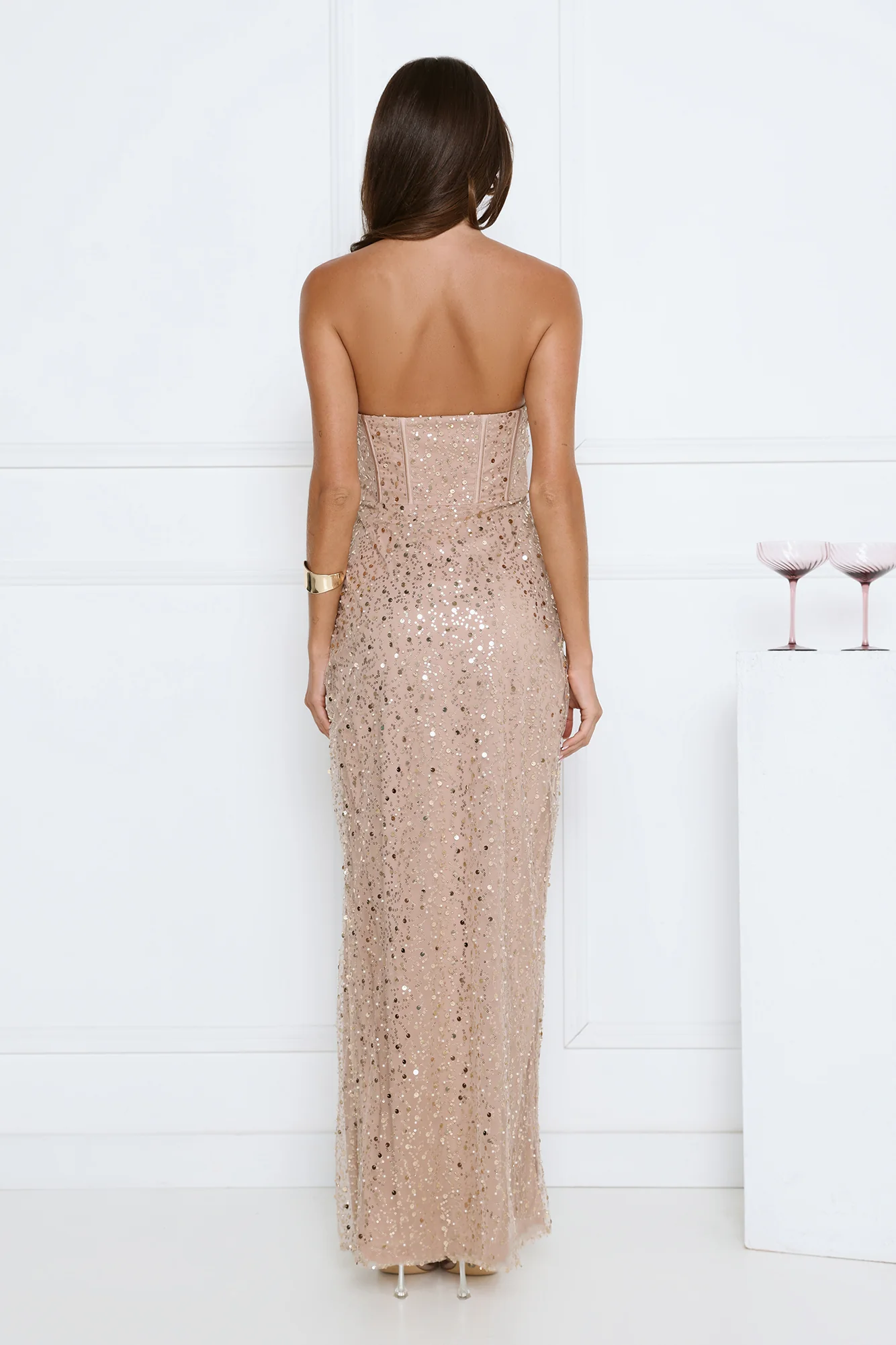 Confetti Royale Strapless Sequin Maxi Dress Gold