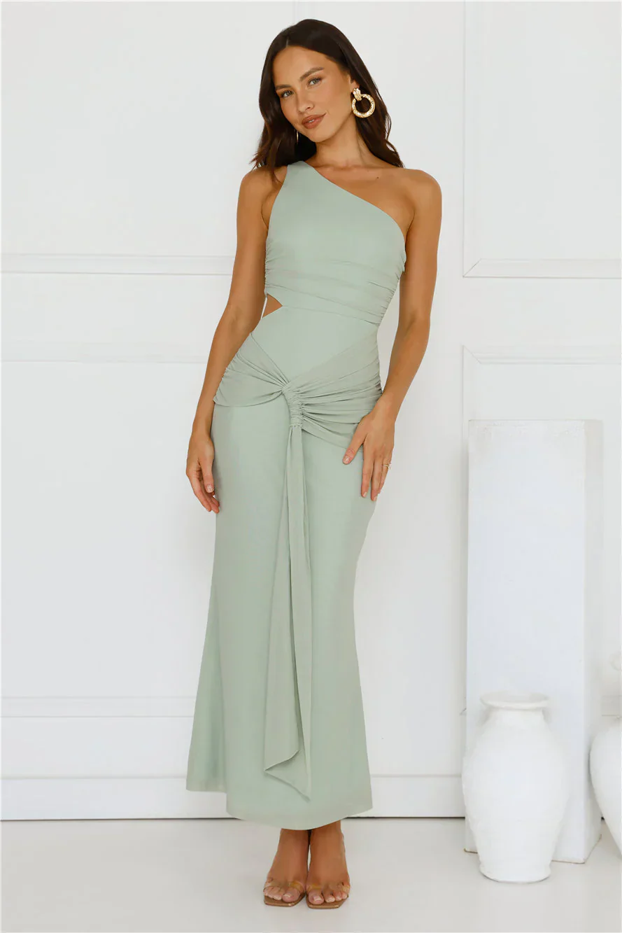 Style Capital One Shoulder Mesh Maxi Dress Sage
