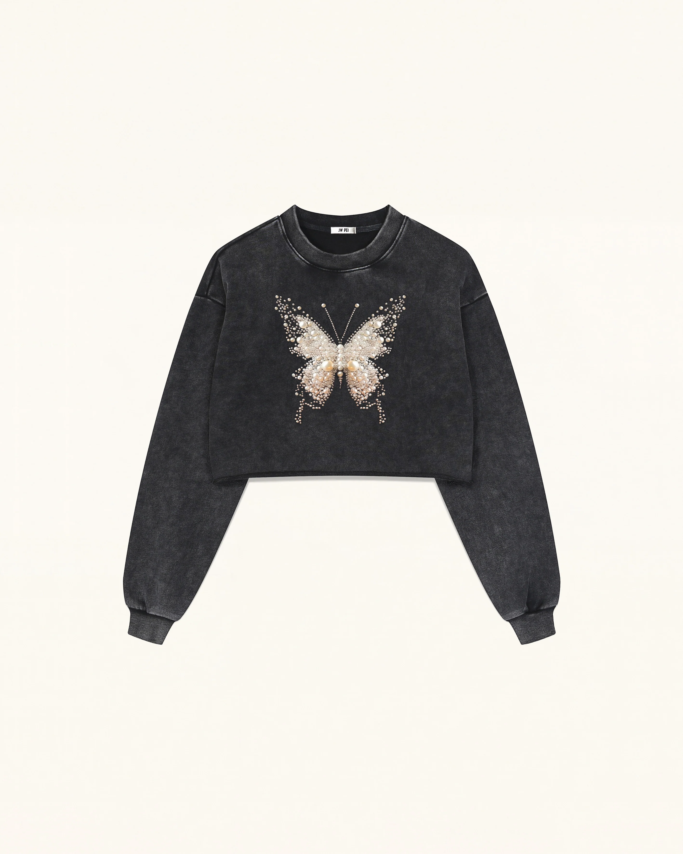 Cream 3D Pearl Butterfly Sweatshirt - Black