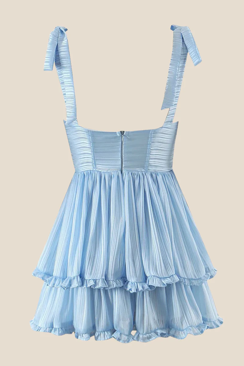 Light Blue Button Front Tiered Short Dress