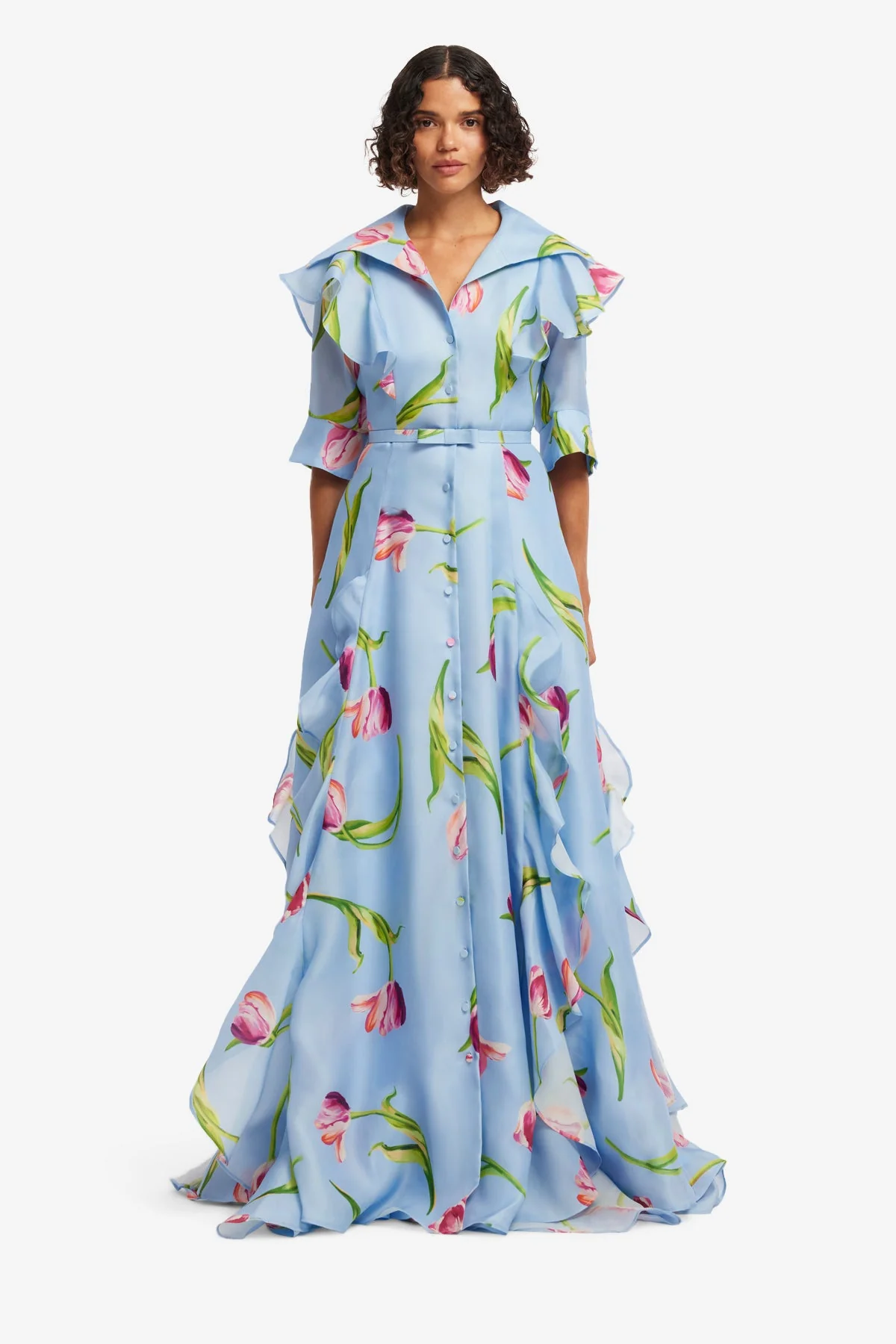 Isabella Silk Gown - Tulip Print in Blue