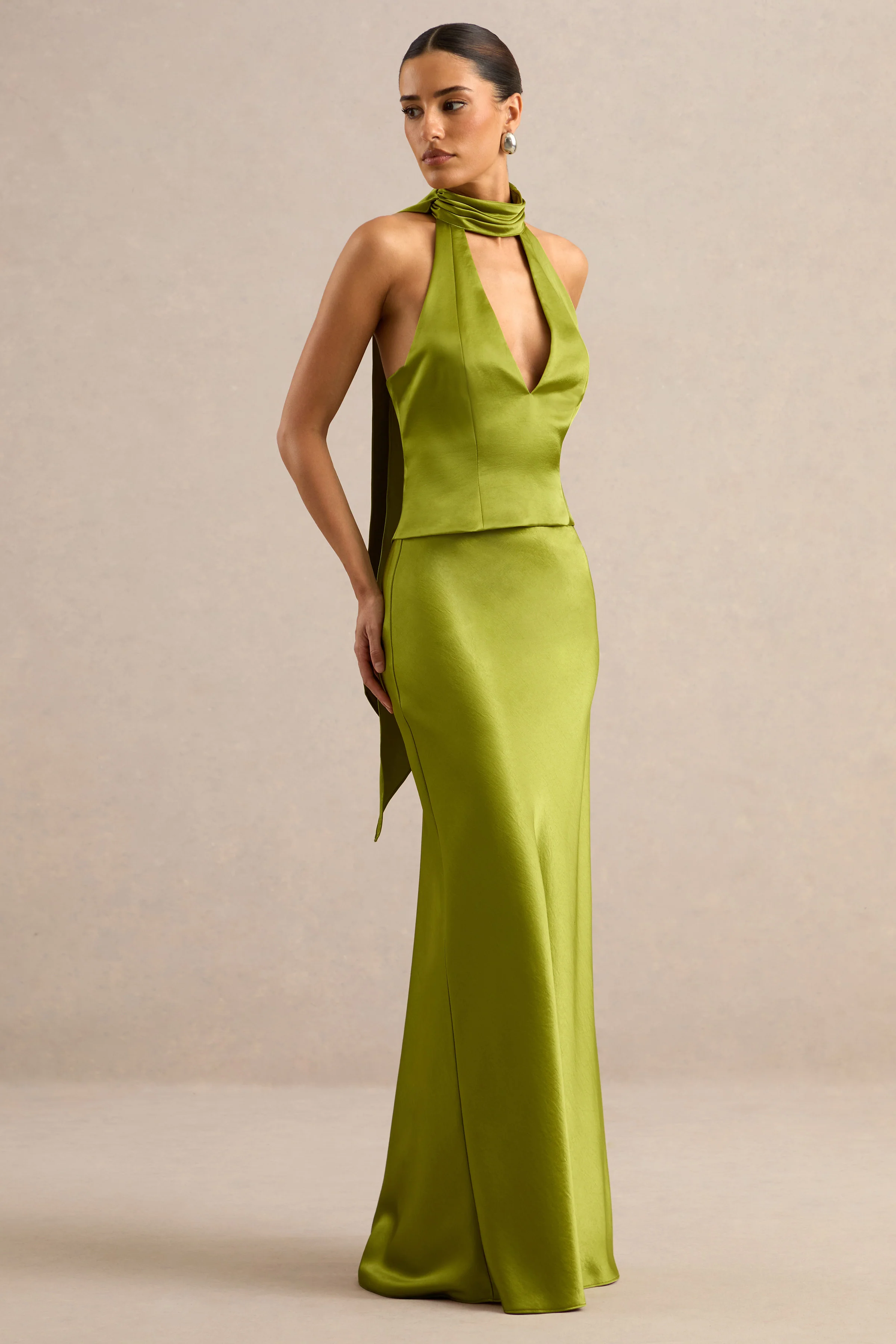 Lareina | Olive Satin Maxi Skirt