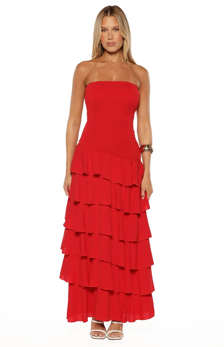 Riles Red Strapless Ruffle Maxi Dress