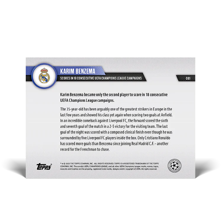 Topps UK - Scores in 18 consecutive UEFA Champions League campaigns - UCL TOPPS NOW® Card #81