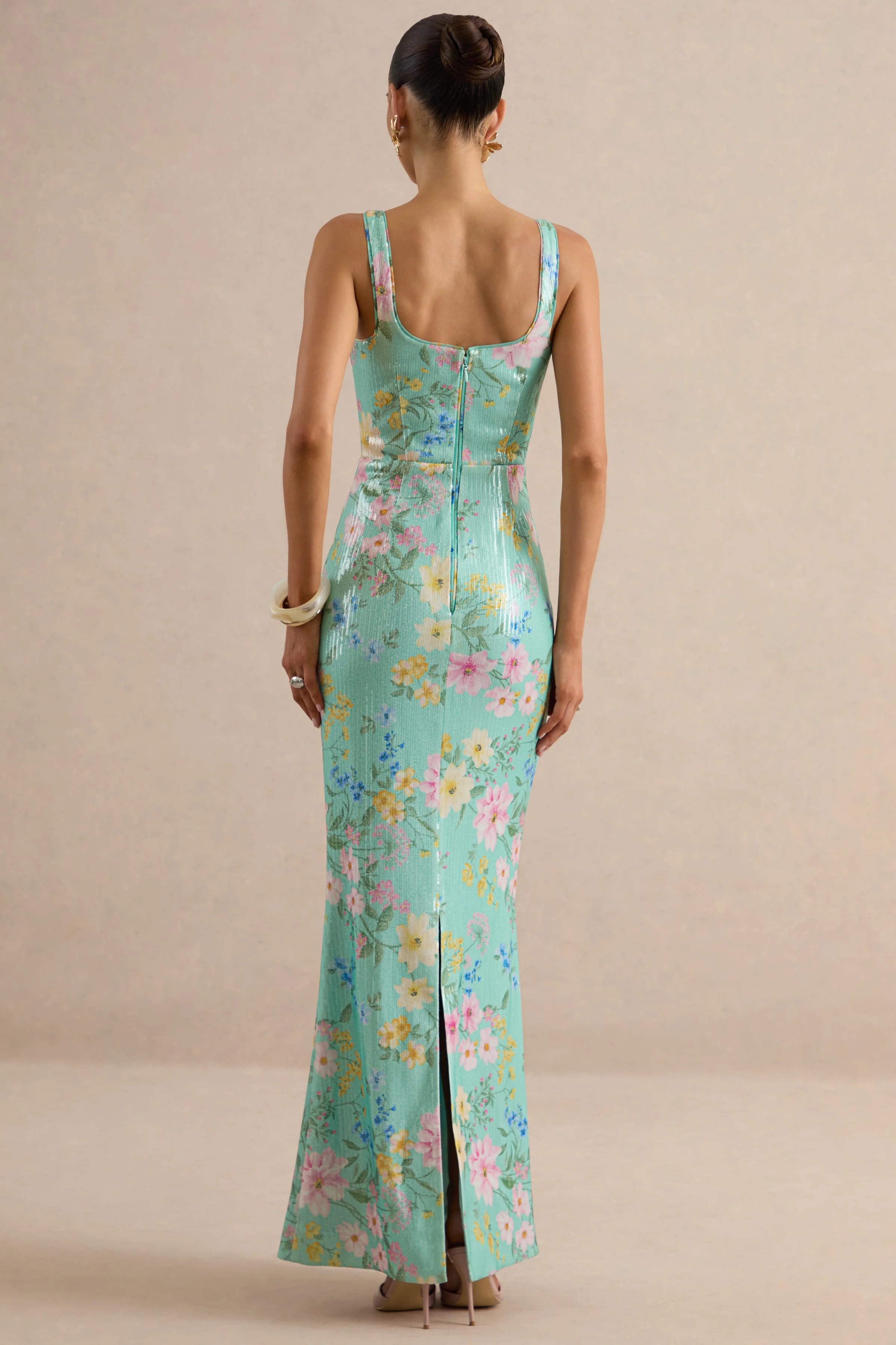 Danette | Mint Floral Print Sequin Square-Neck Maxi Dress