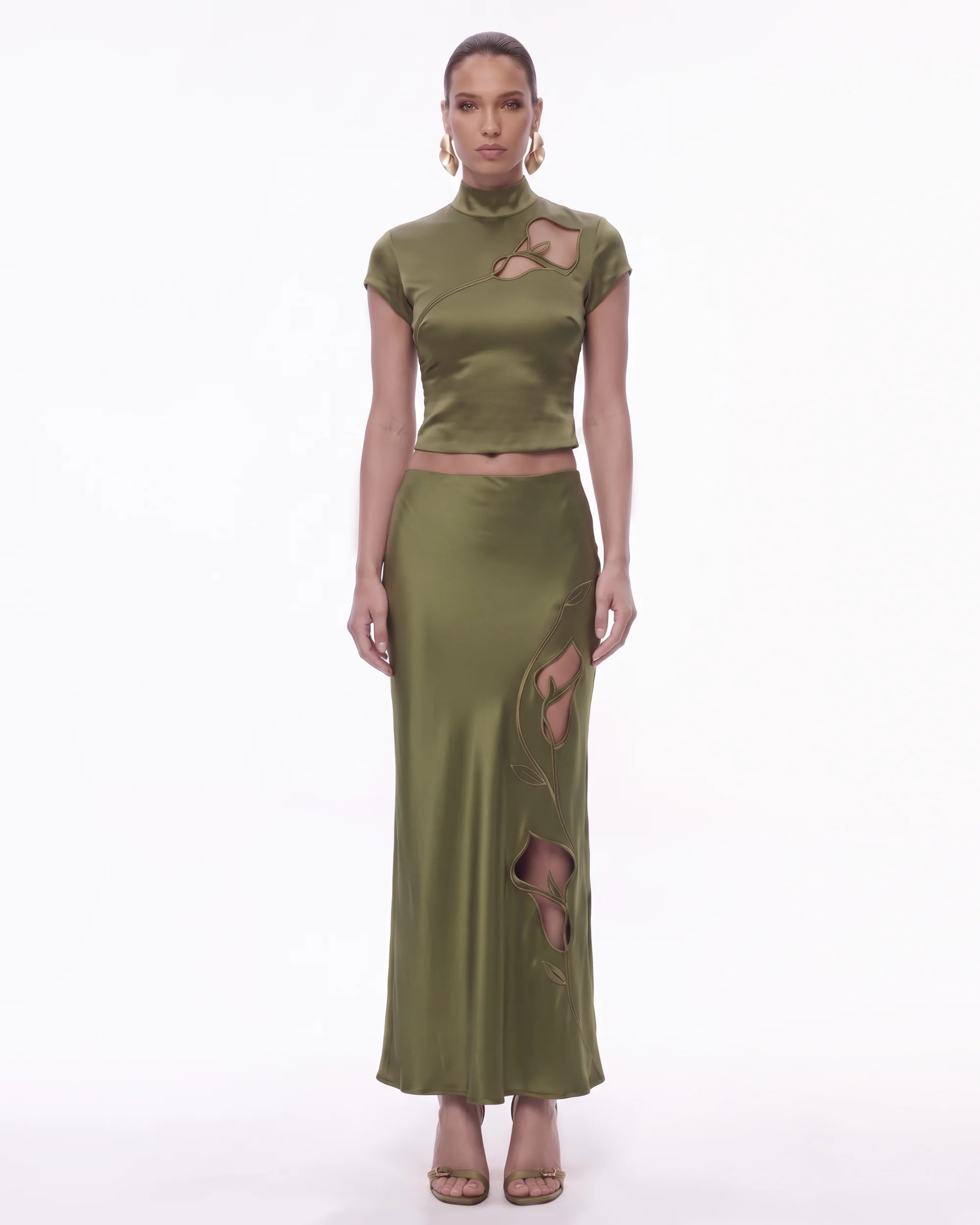 Floral Cutout Satin Maxi Skirt - Olive Green