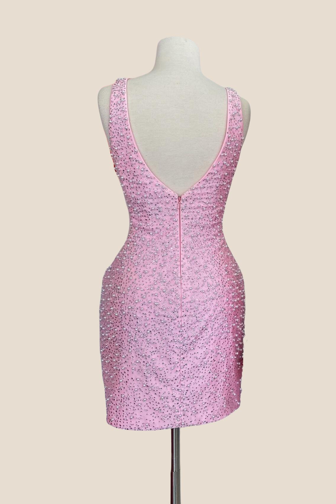 Pearls Pink V Neck Tight Mini Dress