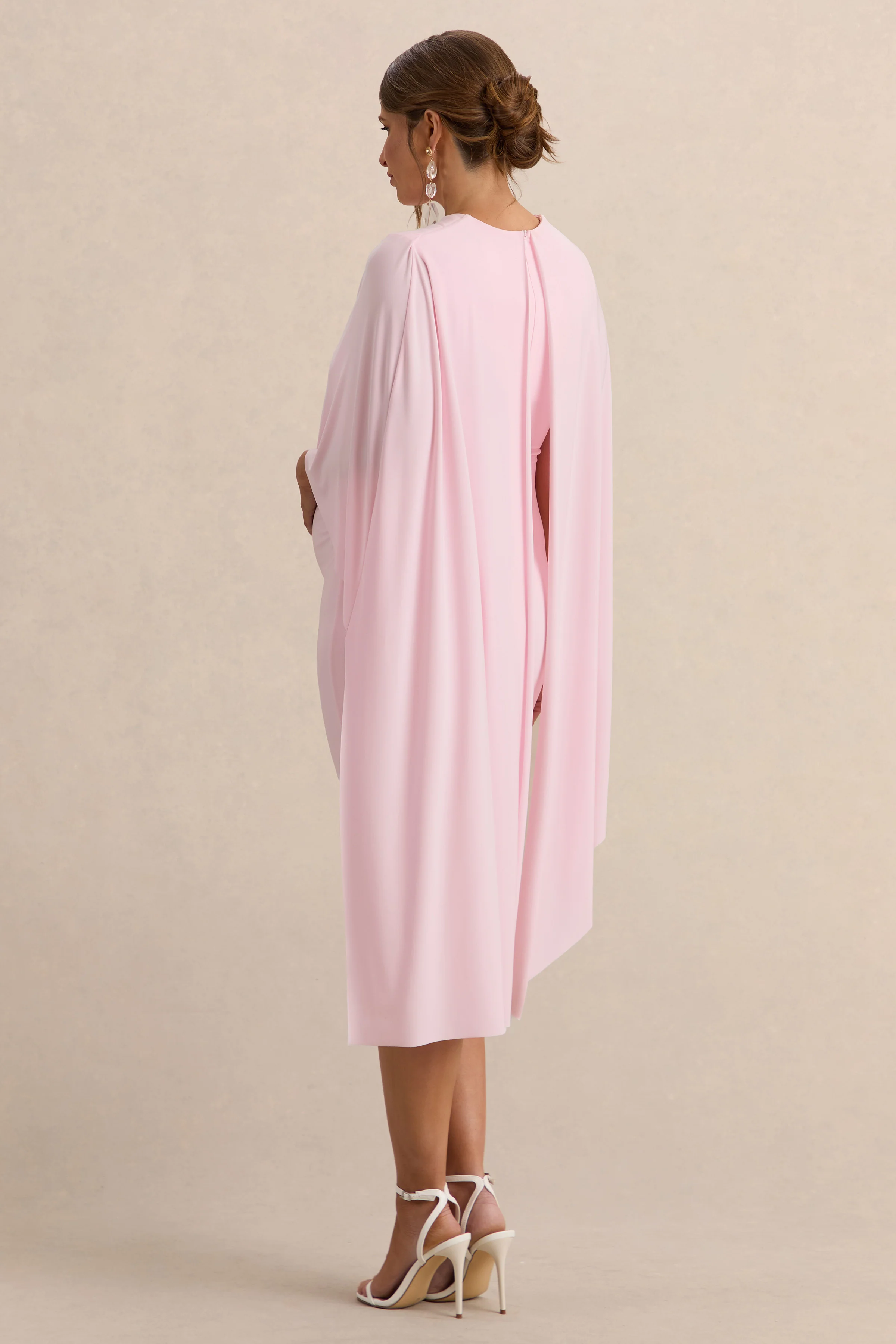 Arwen | Light Pink Round-Neck Maternity Midi Dress With Cape Detail