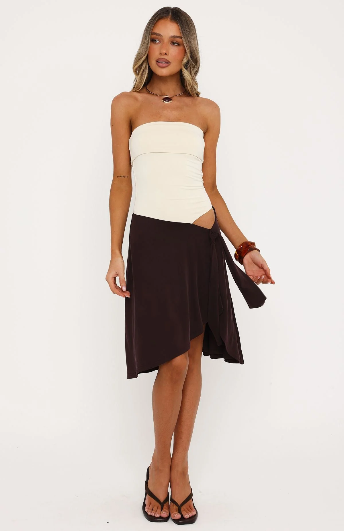 All Eyes Here Strapless Midi Dress Cream/Chocolate