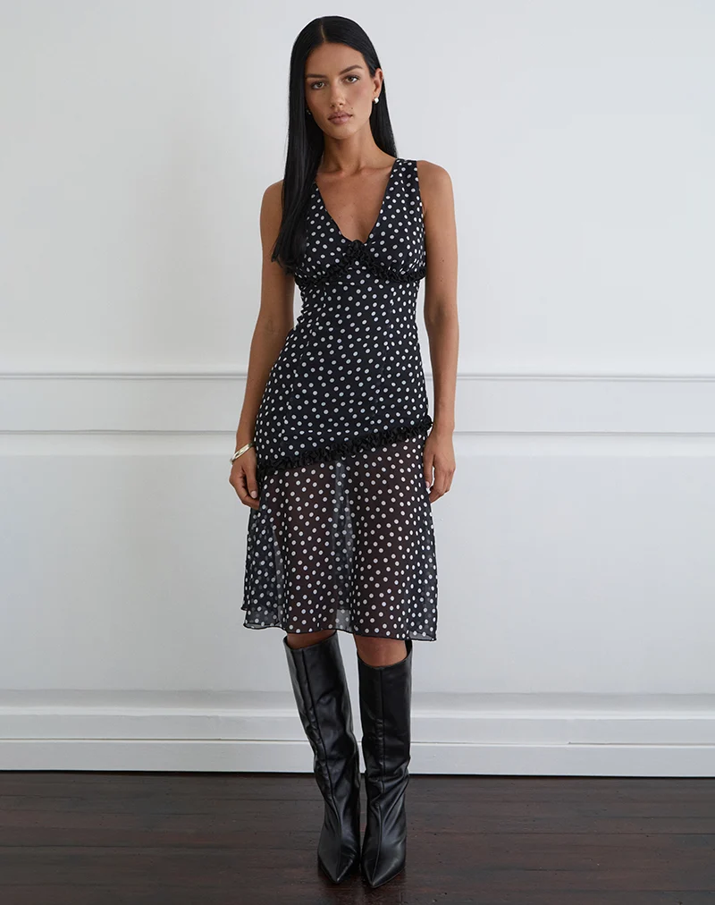 Sovira Midi Dress in Chiffon Black with Tiny Polka Print
