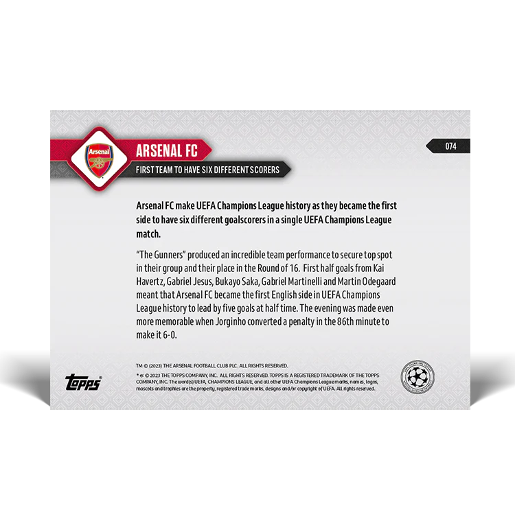 Topps UK - Arsenal FC - UEFA Champions League Record: First team to have six different scorers - UCL TOPPS NOW® Card #74